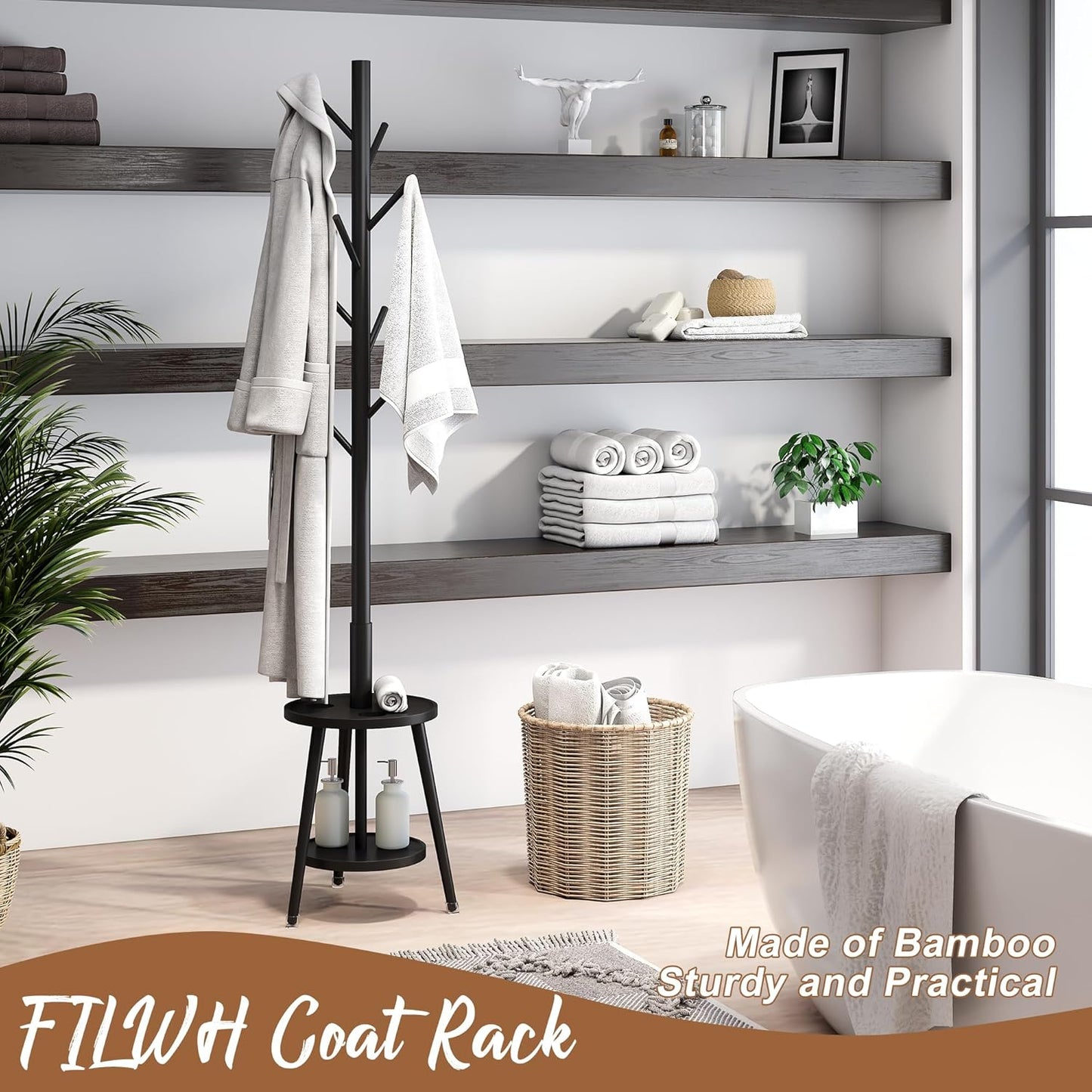 FILWH Freestanding Coat Rack with Umbrella Organizer Tray Bamboo Coat Tree Rack with 8 Hook Stand for Clothes Bag Hats Entryway Hanger Stand(Black)