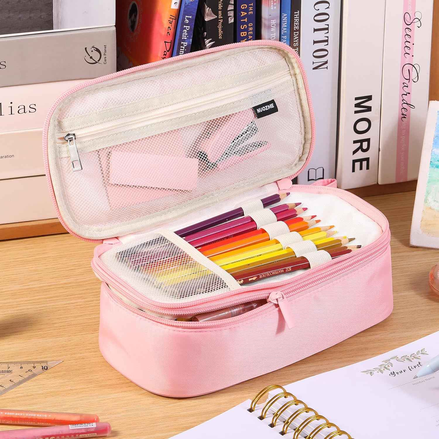 Extra Large Pencil Case,Big Capacity Pencil Pouch,Personalized Initial Pencil Bag with smooth zipper,Multiple Pockets,Cute Aesthetic Stationery Pen Case Bag for Teen Girls College (Pink, H)