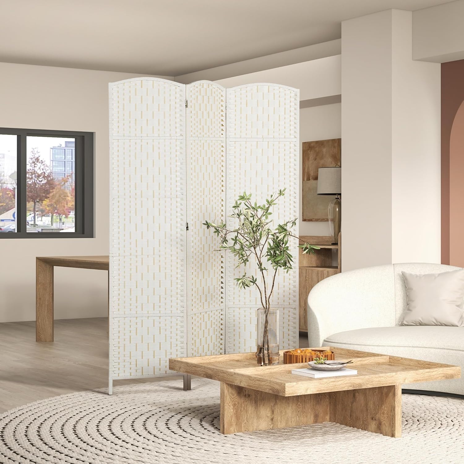 HOMCOM Room Divider, 3 Panel Folding Privacy Screen, 6FT Tall Portable Wicker Weave Partition Wall Divider for Bedroom, Home Office, White - Lumora Desk
