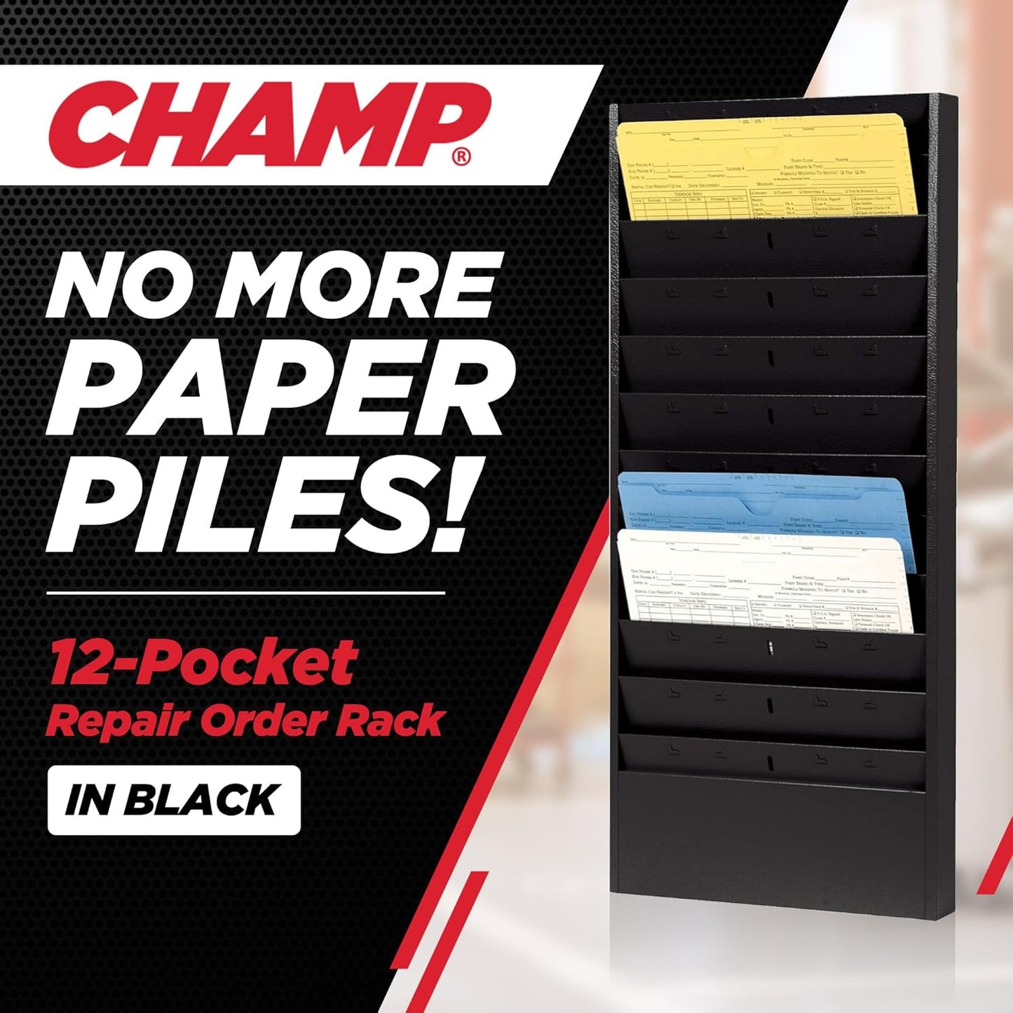 PROLific Automotive Products CHAMP Repair Order Rack, 12-Pocket Wall Mount Organizer, Heavy-Duty Alloy Steel, Powder Coated, Ideal for Auto Workshops and Garages - Black