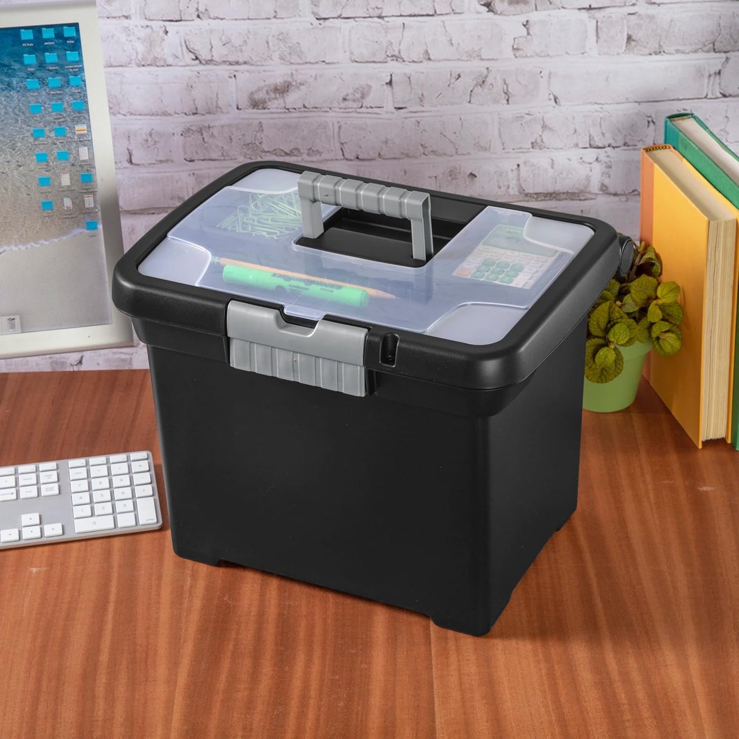 Portable File Storage Box with Handle, Stackable and Lockable Document Organizer, Plastic Filing Box for Home Office, Closet, 15 x 10.9 x 11.5 Inches, Black