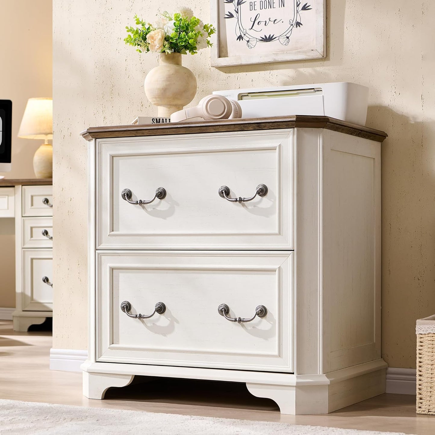 T4TREAM 2 Drawer File Cabinet Set of 2, 30" Wide Wooden Extended Desktop, Farmhouse Filing Cabinet with Smooth Rails, Holds Letter/Legal/A4, Hexagonal Design & Framed Drawer Fronts, Antique White