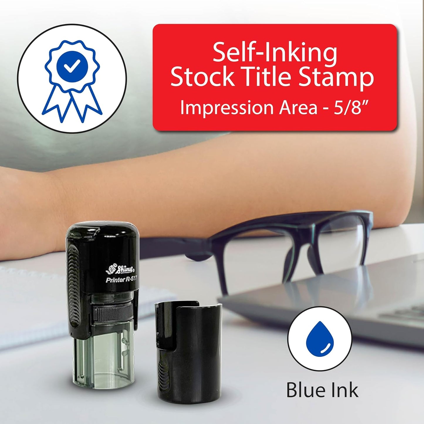 Shiny Ribbon Teacher Stamp, Round Self Inking Stamp for Classroom, Blue Ink