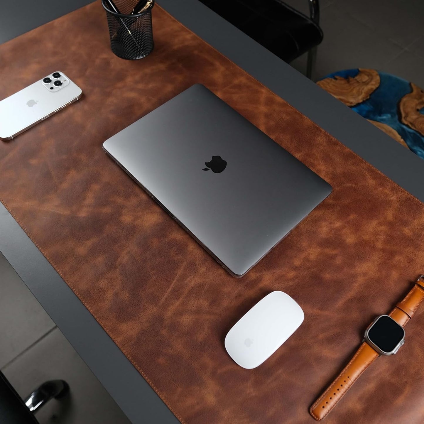Jersey Genuine Calfskin Leather Desk Pad, Office Desk Mat with Non-Slip Bottom, Smooth Surface for Mouse & Keyboard, Desk Protector (14.6x31.5 inches) (Antic Tan)