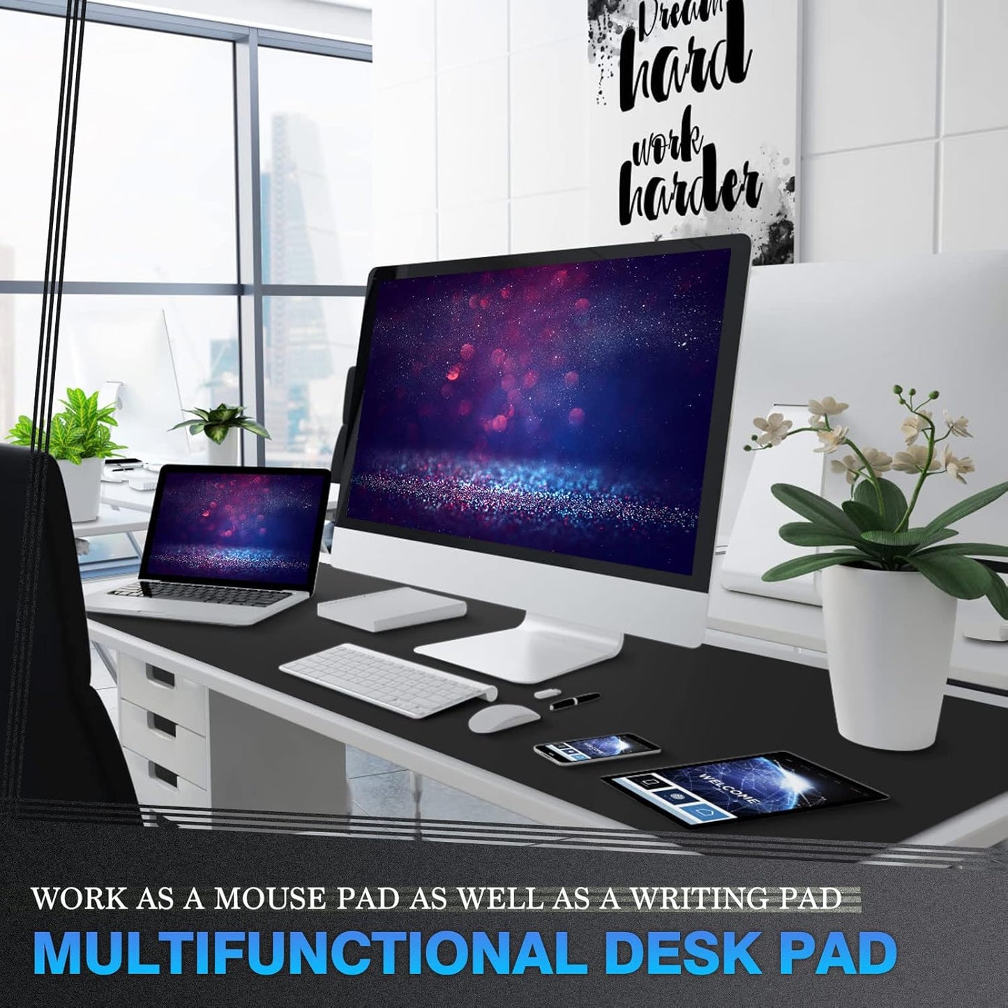 K KNODEL Large Office Leather Desk Mat, Mouse and Keyboard Pad, Computer and Laptop Mat, Desktop Protector and Cover, Writing Pad and Blotter (47.2"x17", Black)