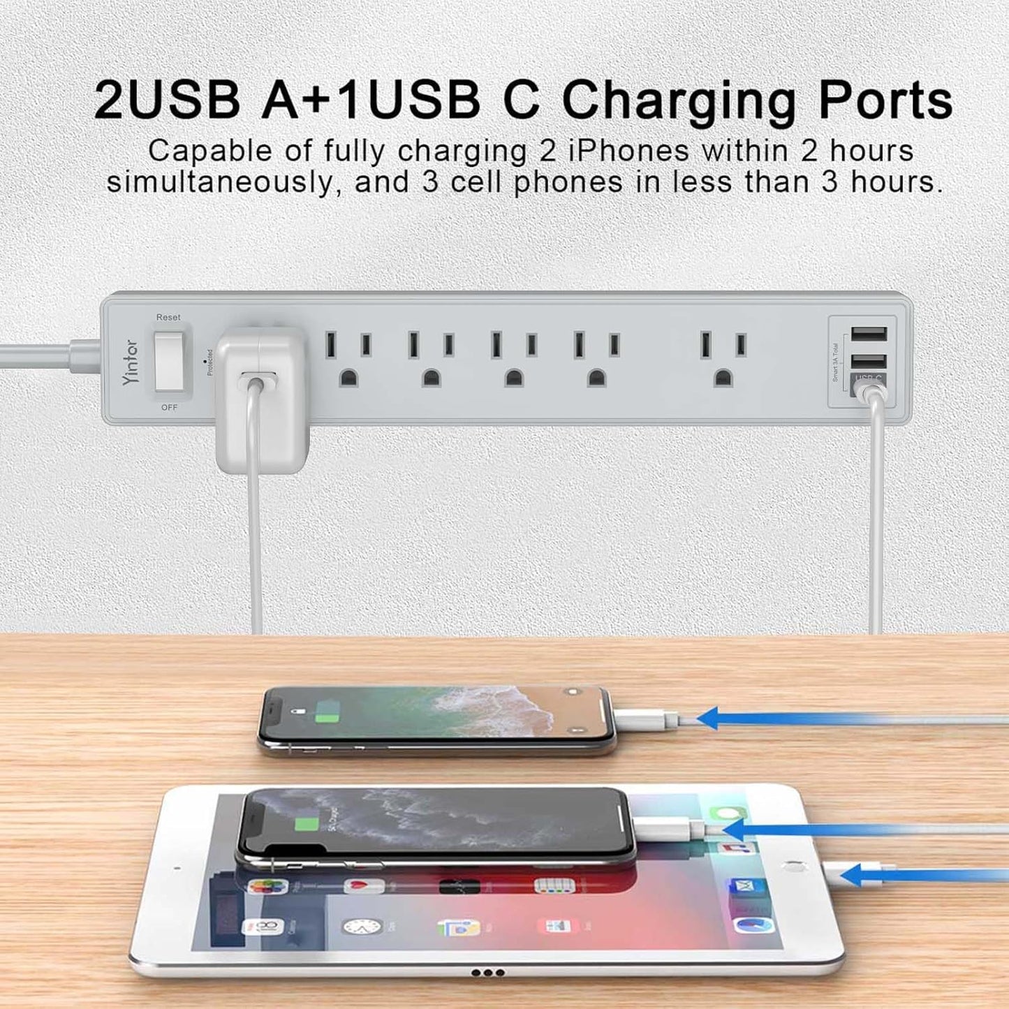6Ft Power Strip Surge Protector - Yintar Extension Cord with 6 AC Outlets and 3 USB Ports for Home, Office, Dorm Essentials, 1680 Joules, ETL Listed, Grey