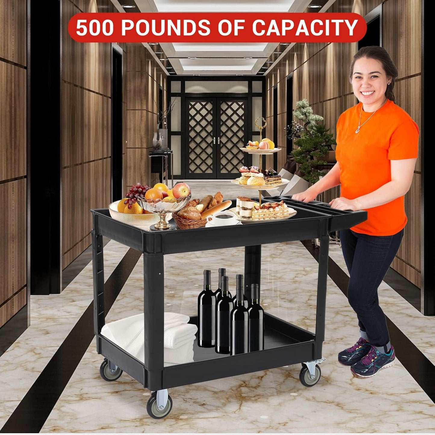 Utility Service Cart with Wheels and Two Trays, Service Cart 2-Shelf 500lbs, Rolling Utility Cart for Warehouse/Garage/Cleaning/Manufacturing, 2 Tier Heavy Duty Uline Tool Cart, 45"X25", Black