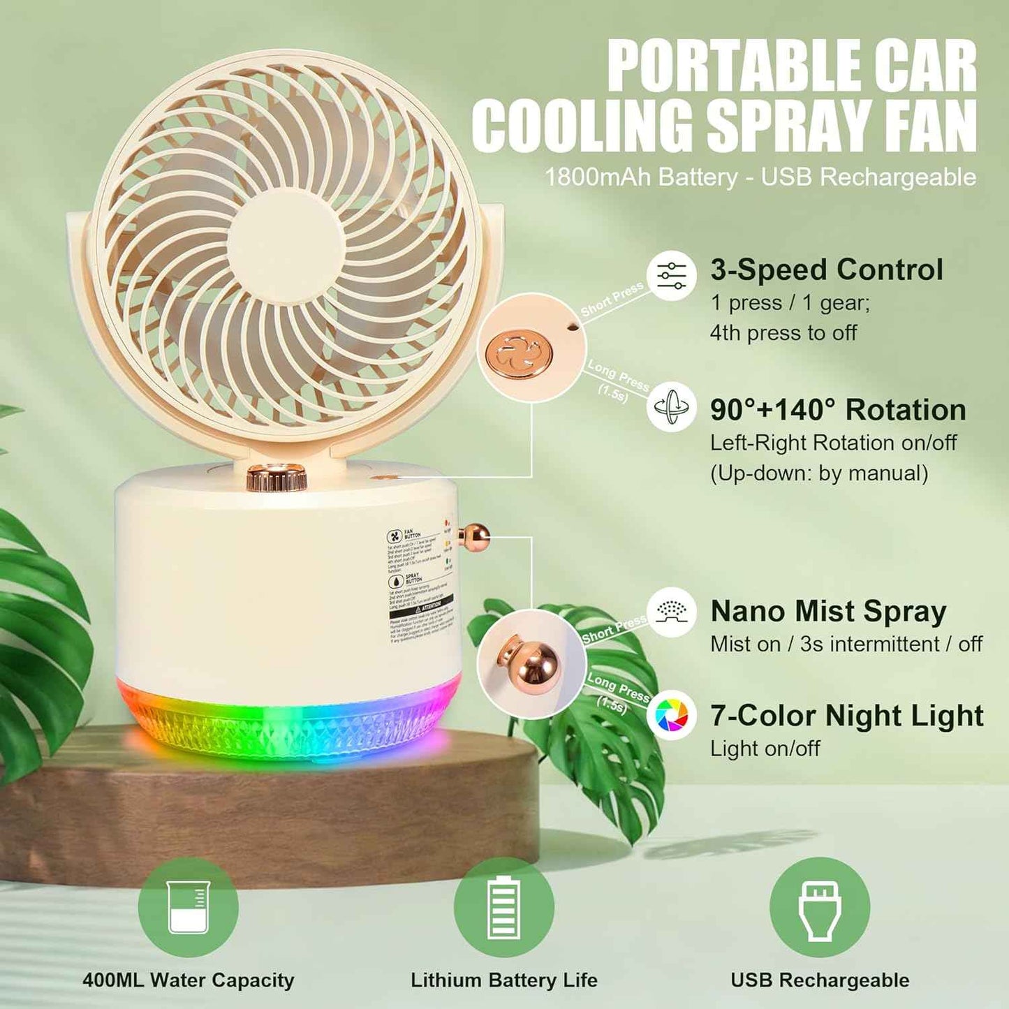 Portable Car Fan, Mist Air Cooler Spray Car Cooling Fan 3 Speeds Ultra-Quiet Mini Table Desk Fans Air Humidifier With RGB Light, USB Rechargeable Fans for SUV RV Vehicles Home Office Camping Gift