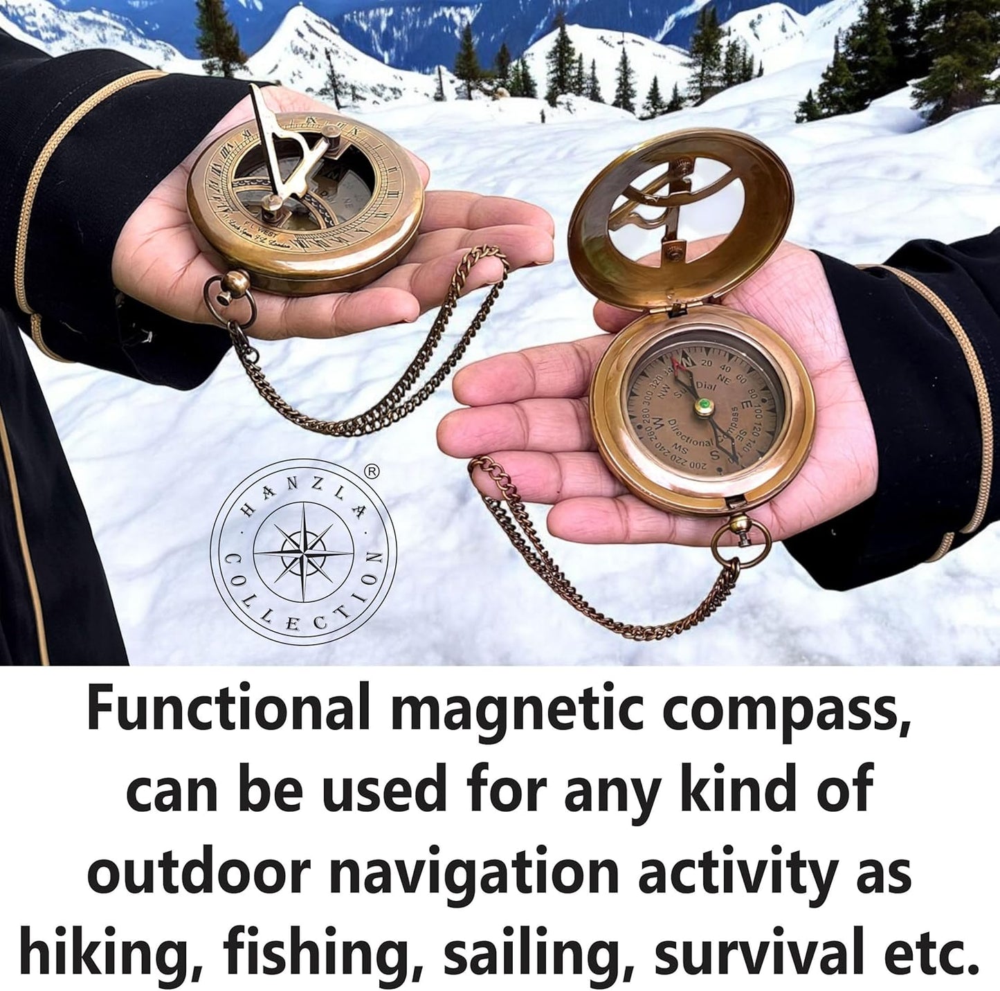 Brass Sundial Compass with Leather Case and Chain - Push Open Compass - Steampunk Accessory - Beautiful Handmade Gift - Nautical Sun Clock