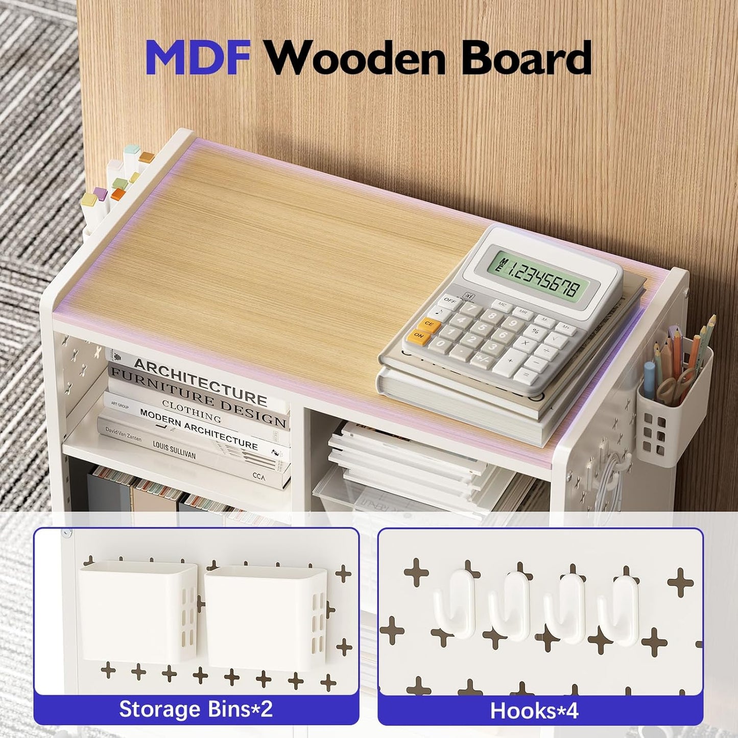 TOOLF 2-Drawer Mobile File Cabinet with Wheels, MDF Wooden Panel Printer Stand with Adjustable Shelves, 2 Storage Bins & 4 Hooks, Home Office Organization, White