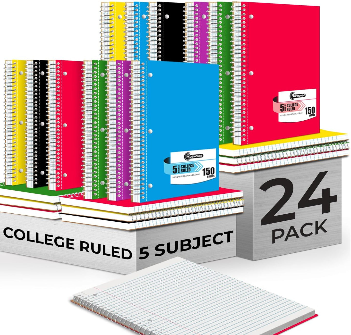 Bulk Spiral Notebook 24 Pack, 5 Subject, 300 Pages/Book (150 Sheets), 8 x 10-1/2, College Ruled, School & Office Spiral Notebooks, Back to School Notebook Journal, Soft Cover, Assorted Colors