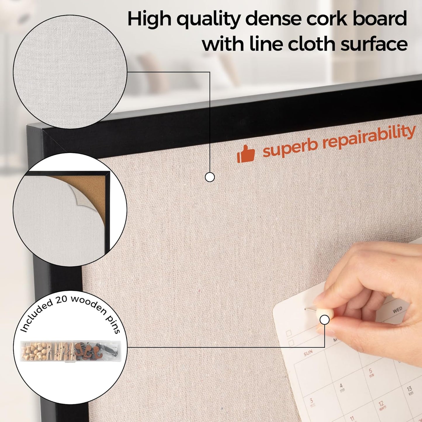 Fun Memories Cork Board Bulletin Board for Office, 20" x 30" Pine Wooden Framed Corkboard, Wall Mounted Notice Pin Board for School Home & Office, Black - Lumora Desk