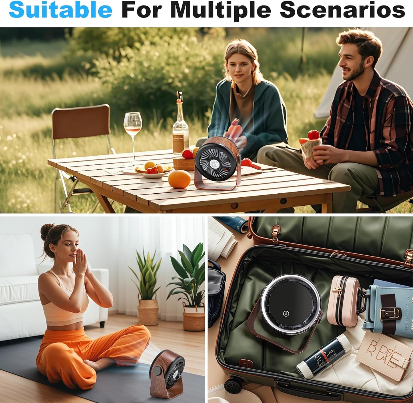 Small Desk Fan 5000mAh Rechargeable Battery Powered- Retro Low Noise Quiet Portable Gentle Blowing with LED Night Light Office Bedroom Table Top Wall Hanging Kitchen Camping Dorm 5-Speed 360° Rotation
