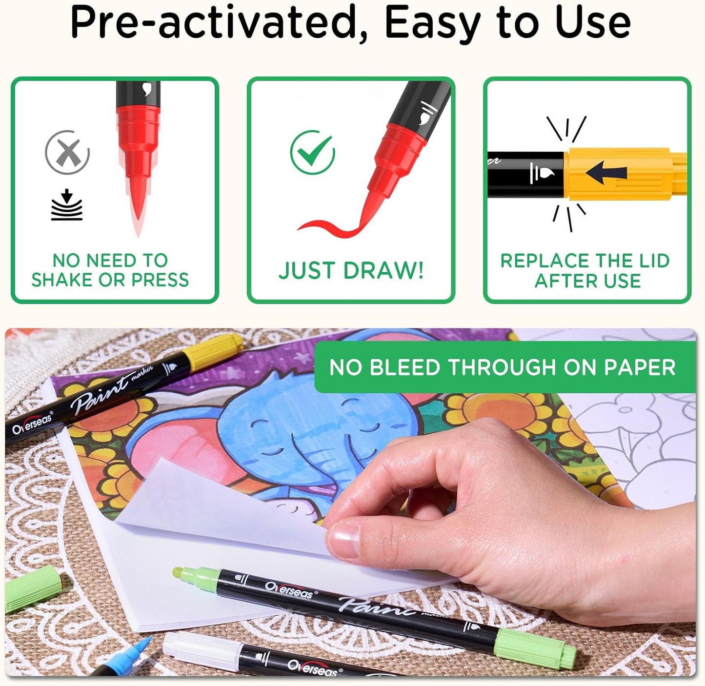 Overseas White and Black Acrylic Paint Markers, 2 Dual Tip Paint Pens Acrylic Markers with Dot and Brush Tip, Coloring Marker for Wood, Rock, Canvas, Glass, Metal, Plastic, Fabric, School Supplies