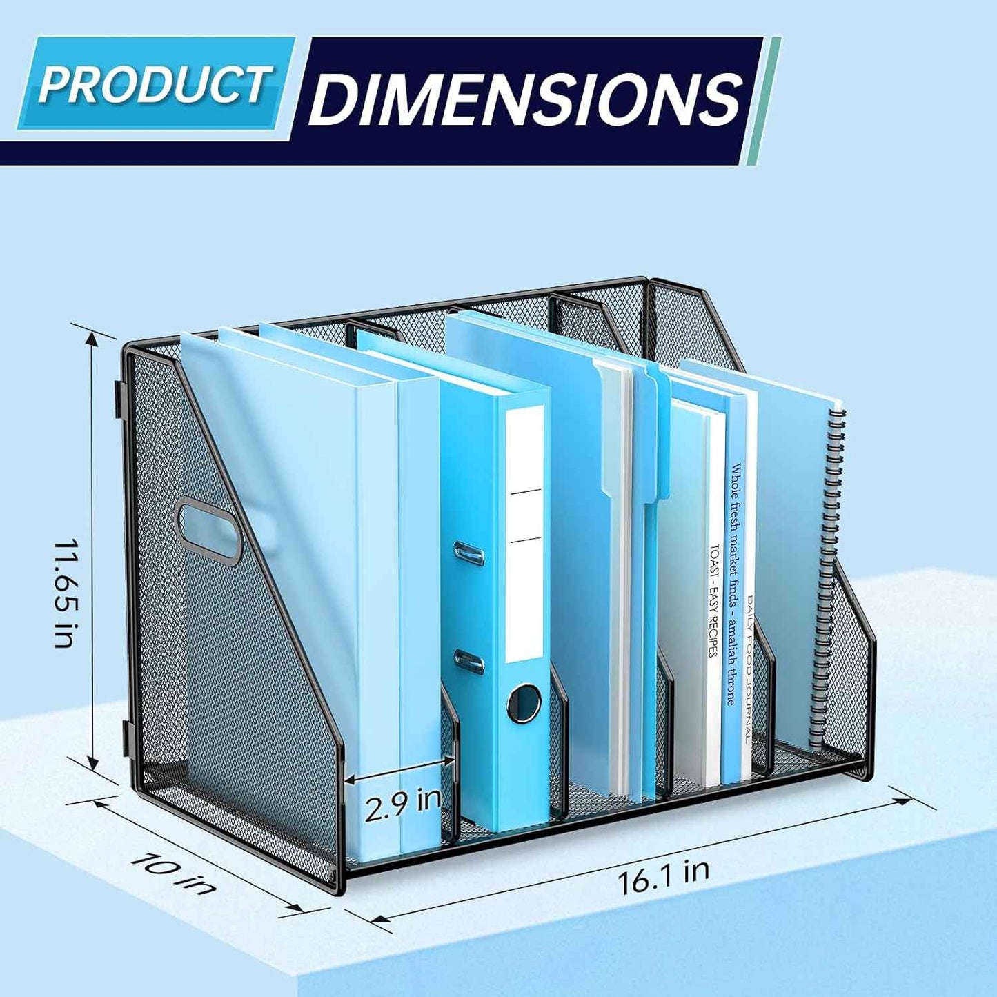 MINDEPOT Desk File Organizer Metal Desk Magazine Folder Holder with 5 Vertical Compartments Rack File Organizer for Office, Home, School, Black