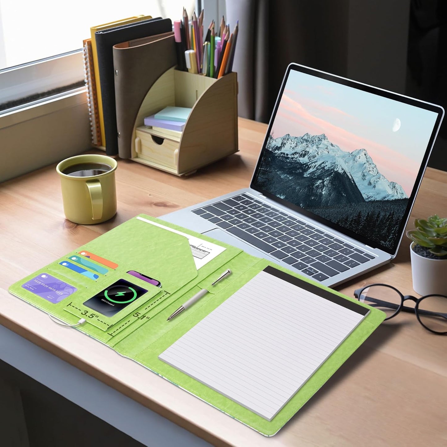 Ospelelf Foldable Faux Leather Clipboard Folio with Notepad 8.5 x 11,Green Business Padfolio for Women Portfolio Organizer, Leaf