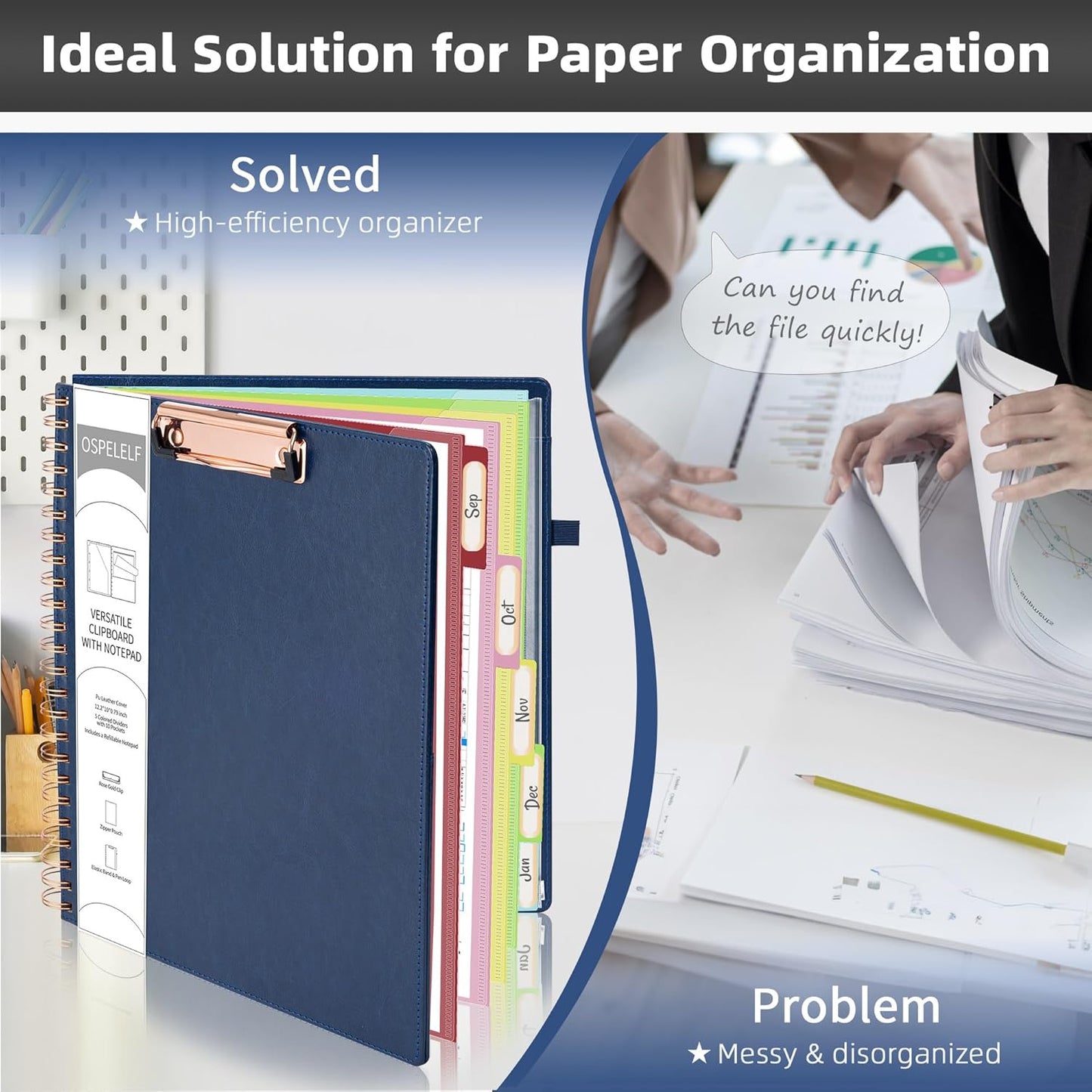 Ospelelf Leather Clipboard Folio with Notepad for Letter Size, Spiral Clipboard Folder with Storage Zipper Pouch, 5 Folders with 10 Pockets, 39 Divider Label Stickers, Pen Loop Series (Blue)