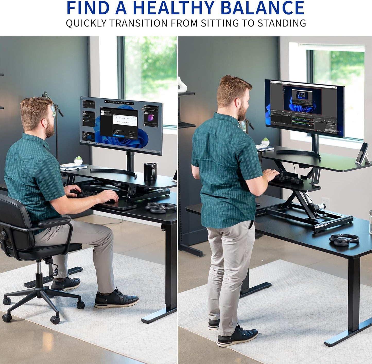 VIVO 47 inch Electric Motor Desk Converter, Height Adjustable Riser, Sit to Stand Dual Monitor and Laptop Workstation with Wide Keyboard Tray, Black, DESK-VE48B