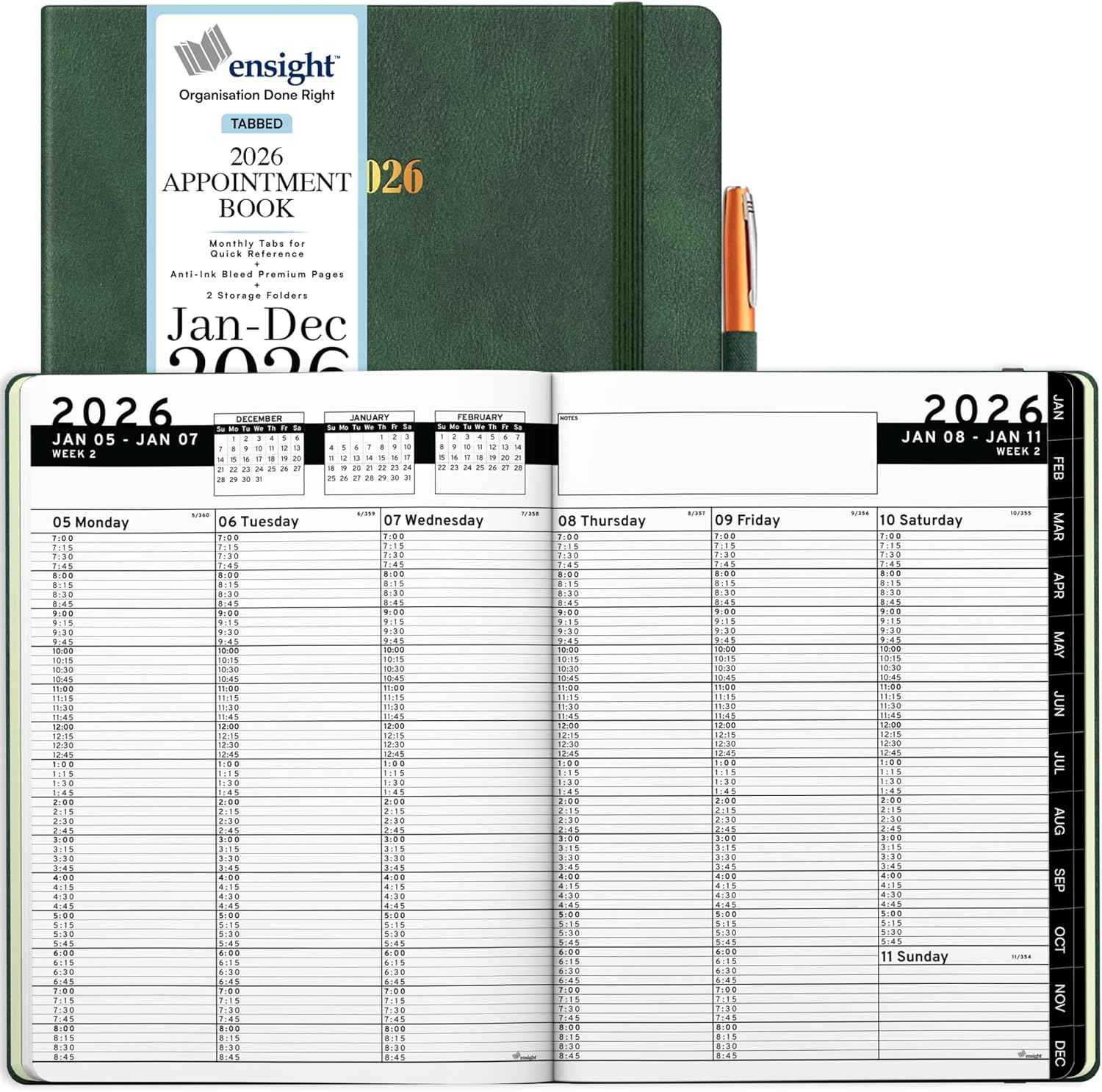 Ensight 2026 Hardcover Appointment Book & Planner 8.5" x 11" inches Large Tabbed Daily Hourly Weekly Planner Schedule Book 15 Minute time Slots Business & Personal Planner Jan 2026 Dec 2026 Dark Green
