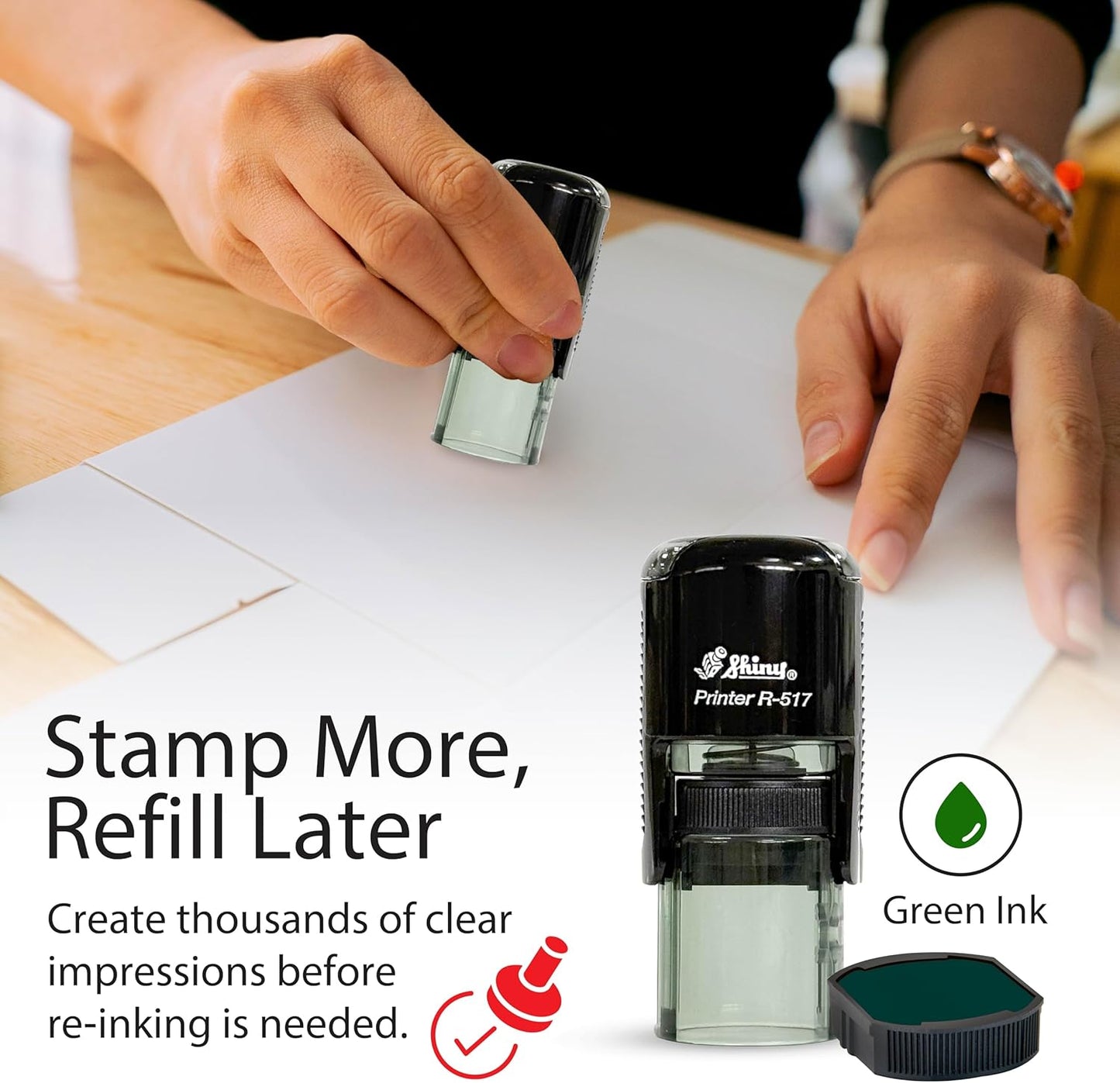 Shiny Ribbon Teacher Stamp, Round Self Inking Stamp for Classroom, Green Ink
