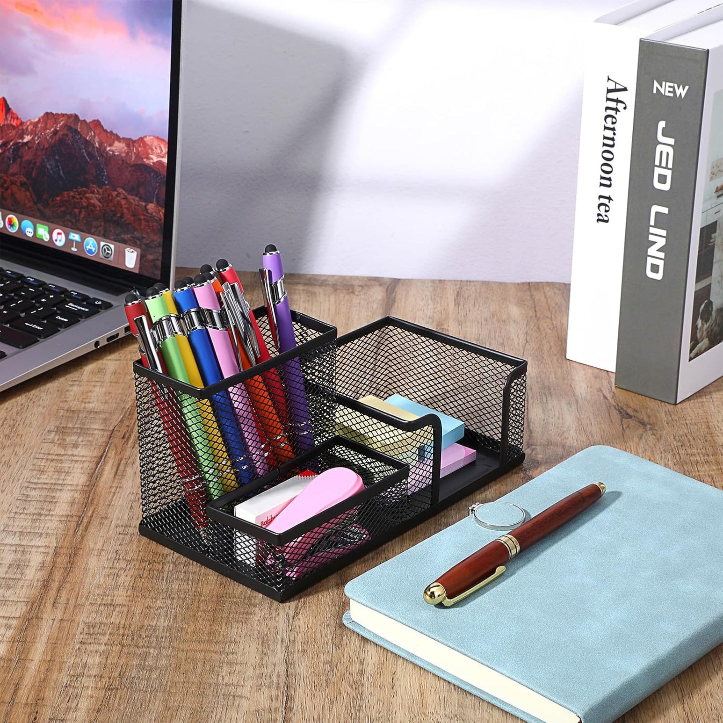 Mesh Pen Pencil Holder Note Holders Desk Organizer, 3 Compartment Wire Desktop Pen Pencil Cup Caddy Office Supplies Accessories for Home Office School, Black(4 Pack)
