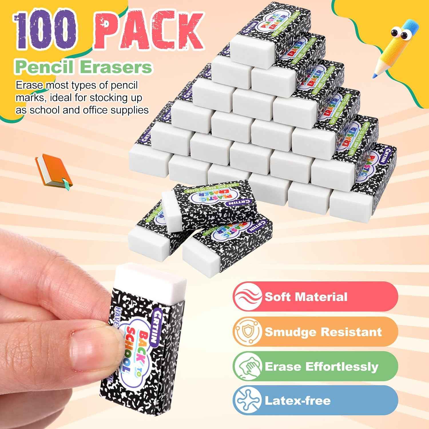 Crtiin 100 Pack Back to School Erasers Bulk End of Year Gifts from Teacher Small White Erasers End of Year Gifts for Students School Classroom Office Graduation Supplies
