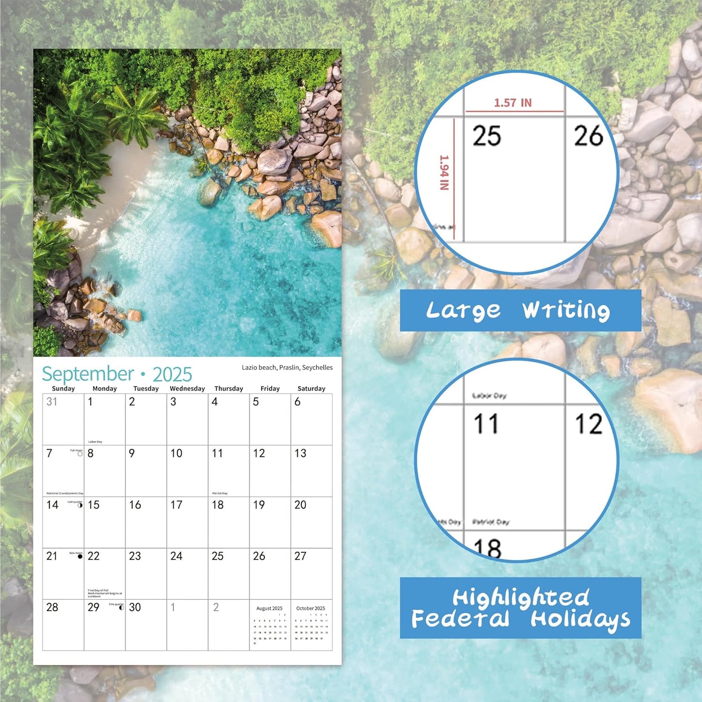 2025 Wall Calendar,Calendar 2026, July 2025 - December 2026, Wall Calendar Beaches, 12" x 24" Opened,Full Page Months Thick & Sturdy Paper for Calendar Organizing & Planning