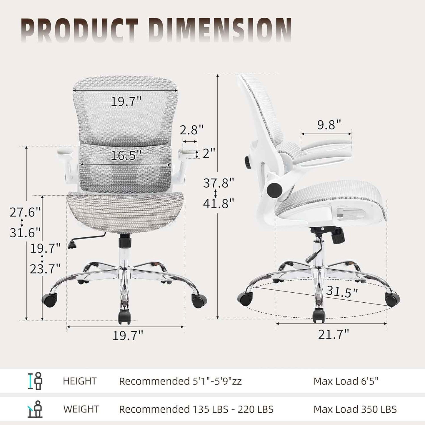 Office Chair, Ergonomic Desk Chair with Adjustable High Back 2D Lumbar Support Flip-up Armrests, Executive Breathable Mesh Comfy Swivel Rolling Computer Task Chair for Home Office Study Work Gaming