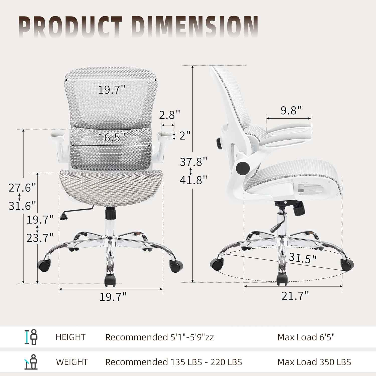 Office Chair, Ergonomic Desk Chair with Adjustable High Back 2D Lumbar Support Flip-up Armrests, Executive Breathable Mesh Comfy Swivel Rolling Computer Task Chair for Home Office Study Work Gaming