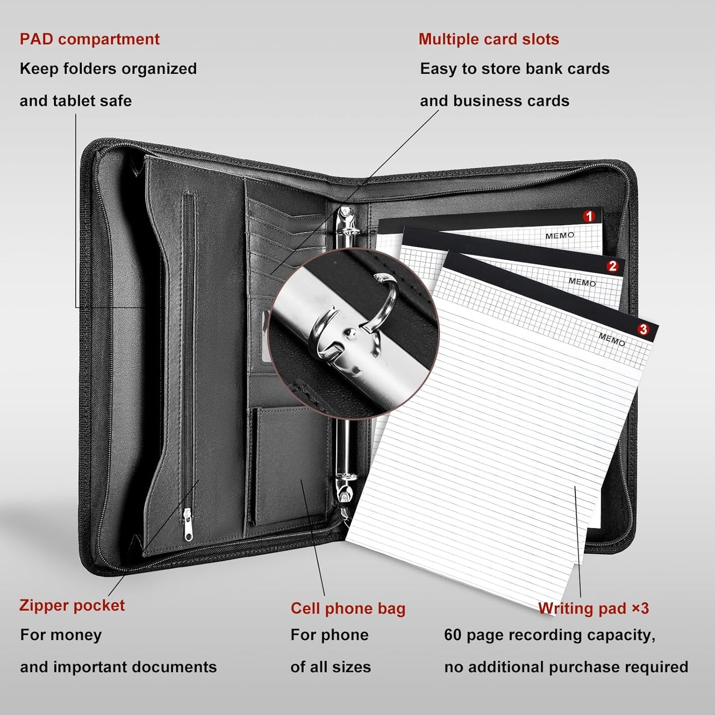 Leathario Portfolio Binder, Includes 5 Folder Index Dividers and 3 Notepads, 3-Ring Folder Organizer, Padfolio with Zipper, Vegan Leather Tablet Sleeve, Business Office Conference Clipboards