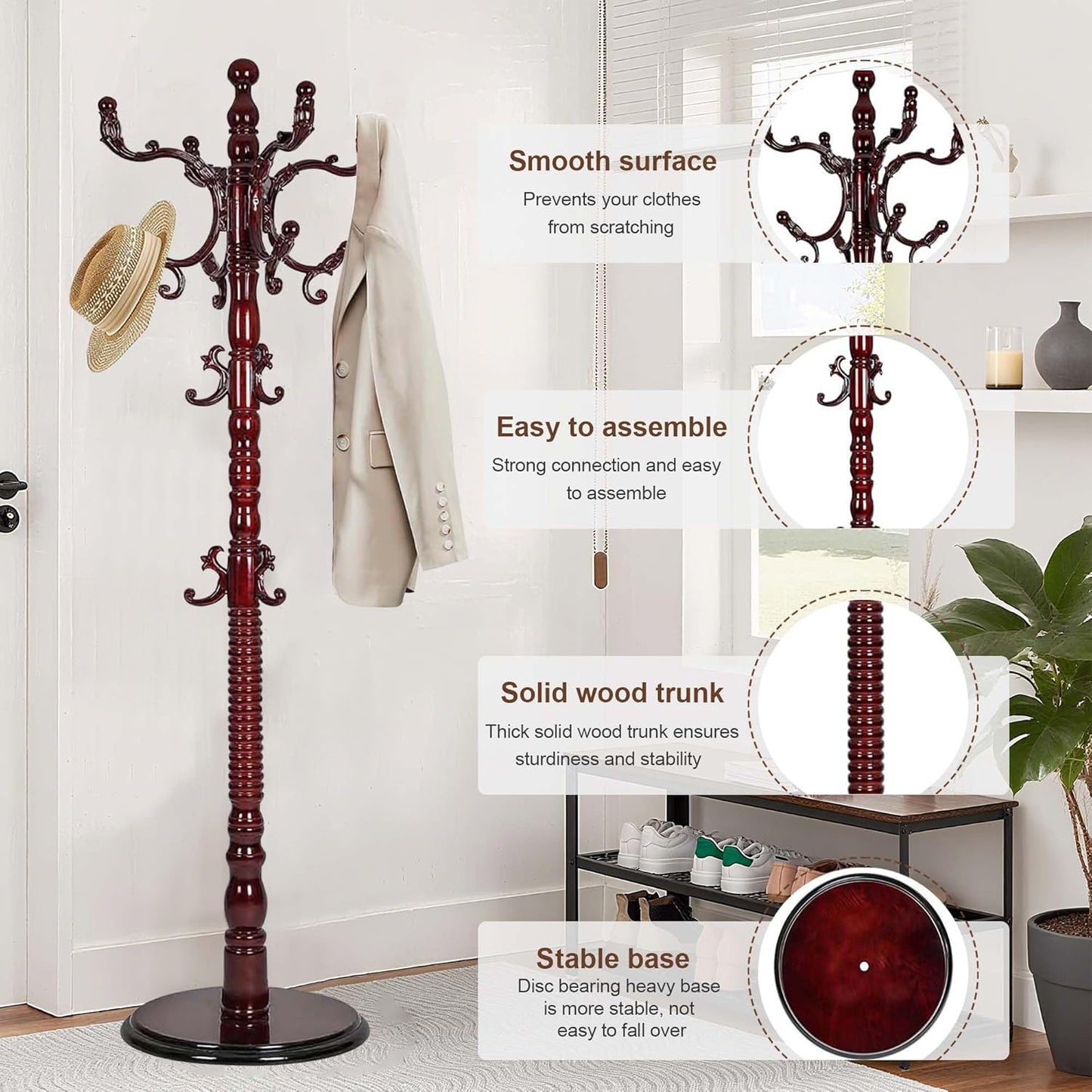 Wooden Coat Rack Freestanding with 18 Hooks, Adjustable Height Coat Tree Free Standing Heavy Duty for Entryway, Easy Assembly Solid Wood Sturdy Coat Hats Hanger Stand for Office Hallway Bedroom