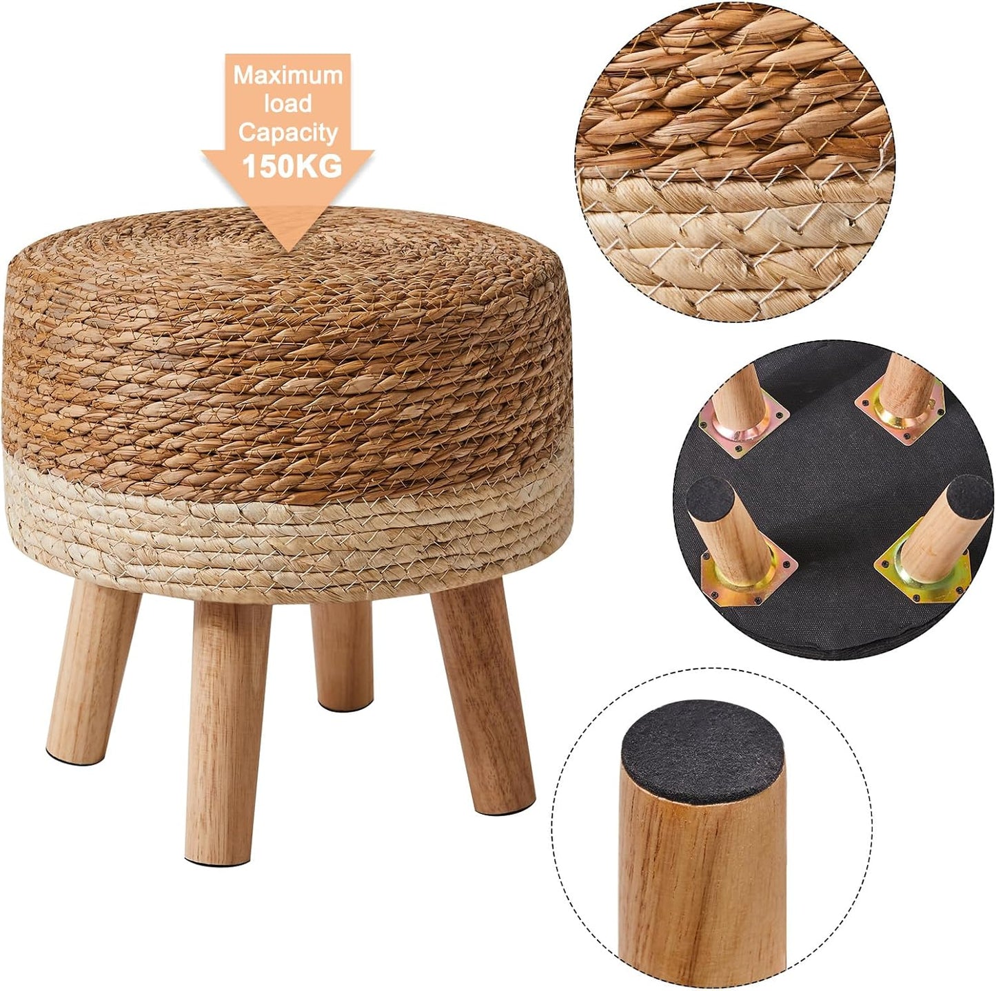 YMYNY Foot Stool,12.6" Round Small Ottoman, Natural+White, HBD027W | Natural Seagrass Hand Weave, Footrest, Non-Skid Wood Legs, Boho, For Living Room, Bedroom, Entryway,outdoor