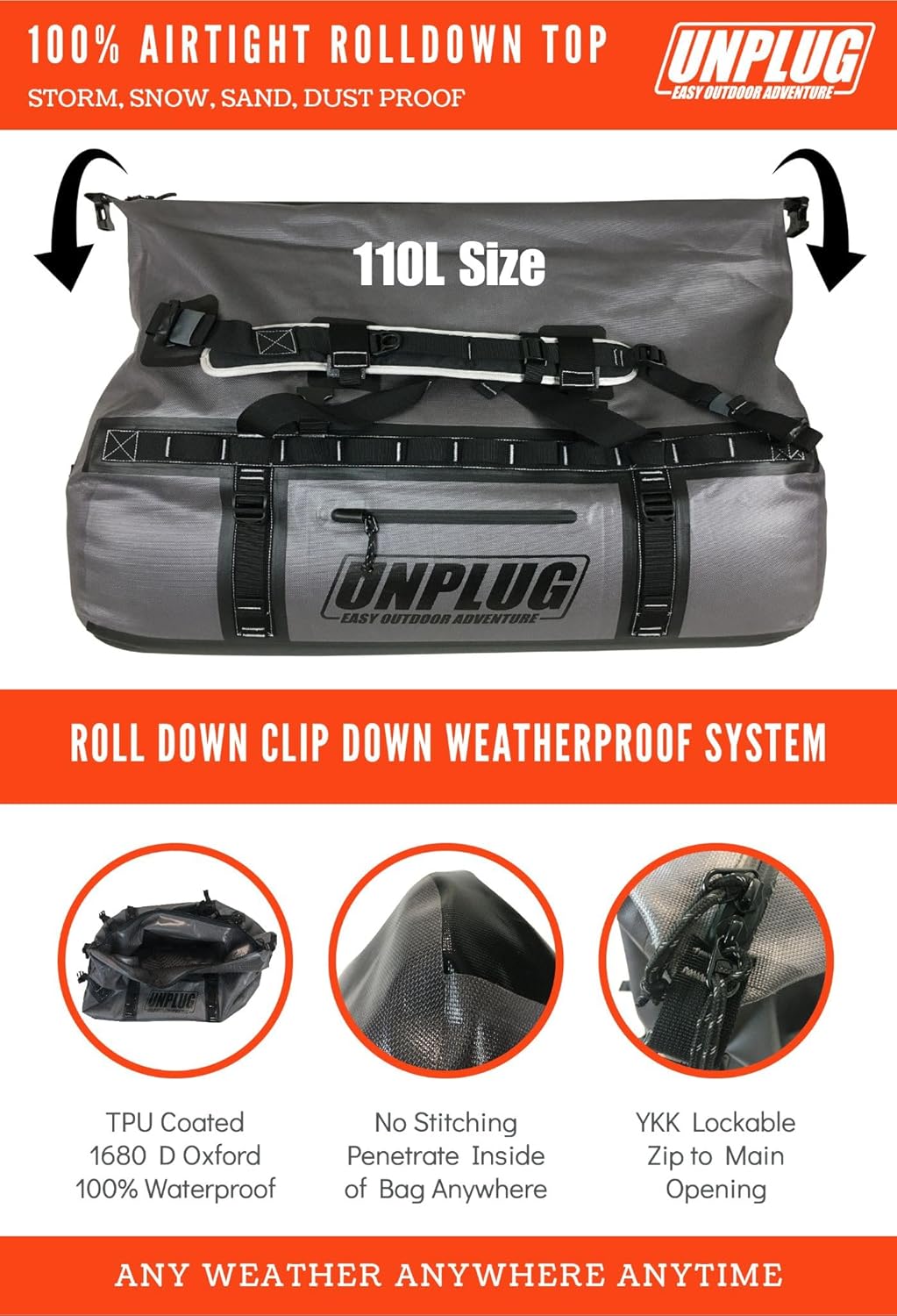 UNPLUG Ultimate Adventure Bag | 1680D Heavy Duty Waterproof Bag | Large Travel Duffle Bag which can be Used for Camping, Motorcycling, Boating, or Hunting