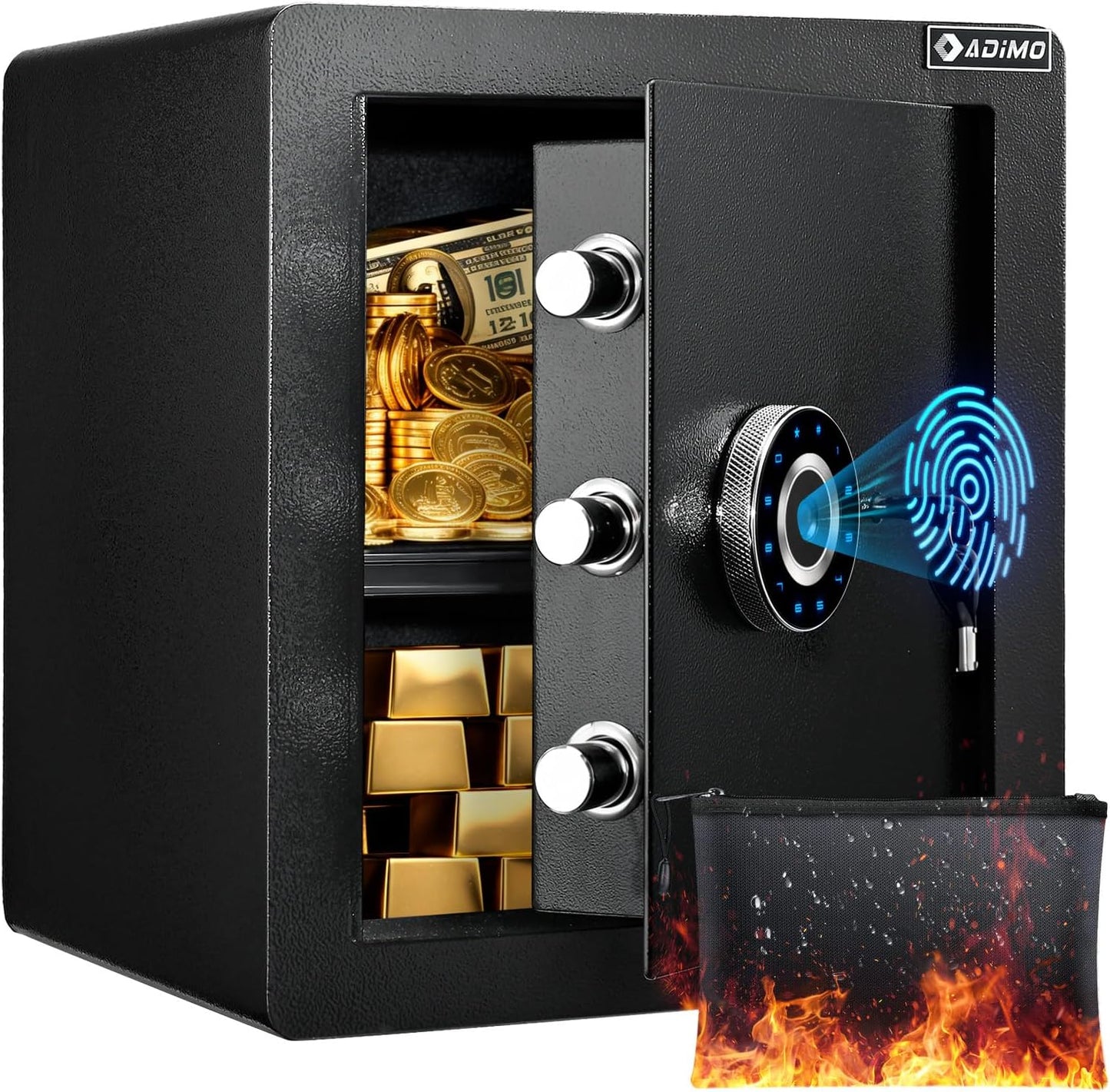 ADIMO Biometric Safe Box, Fireproof 1.6 CuFt Fingerprint Safe w/Touchscreen, Removable Shelf & Alarm System, Money Box for Secure Document & Valuables, for Home Office Hotel