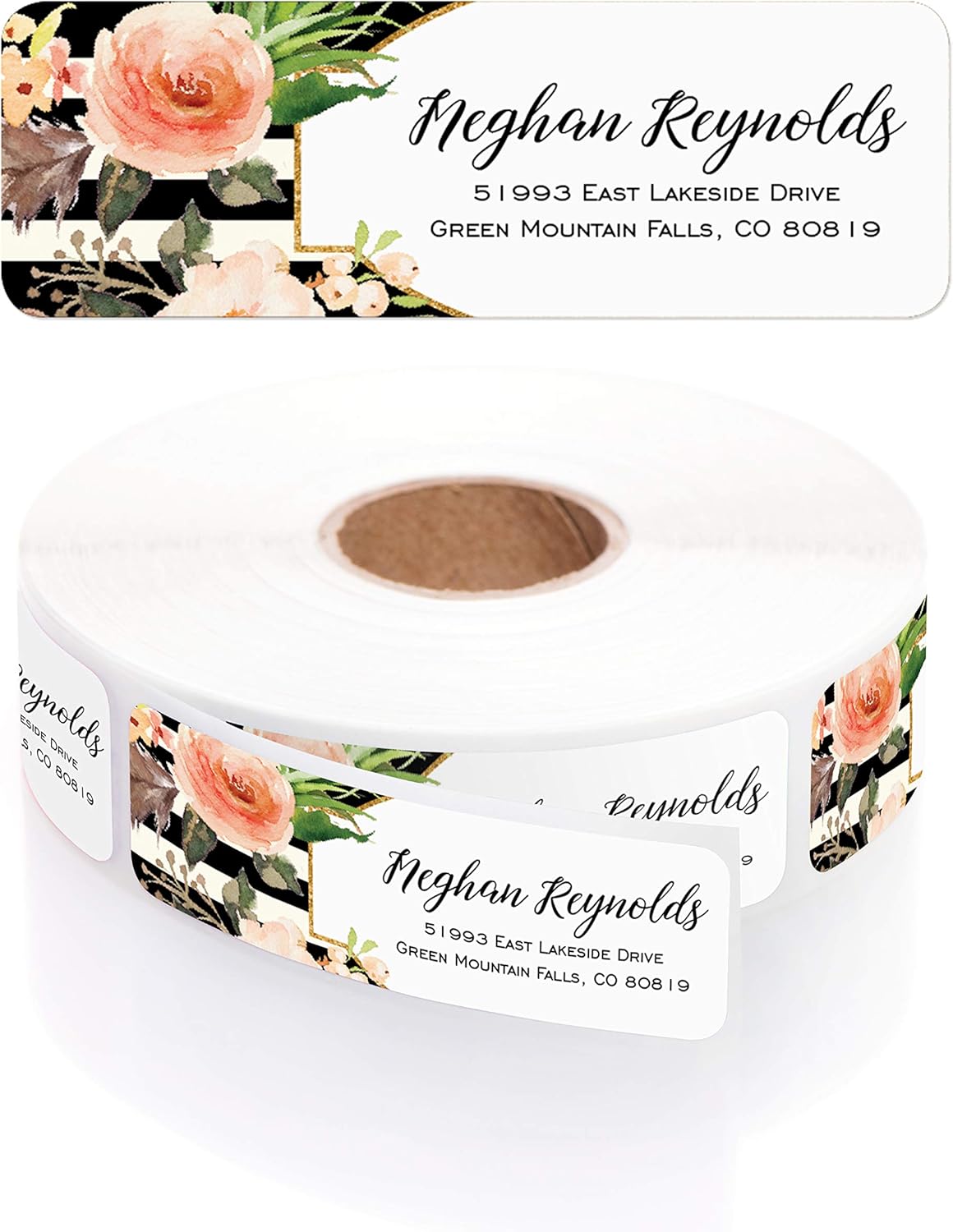 Black and White Stripe Floral Rolled Address Labels/Roll of 500 Personalized Return Address Labels/Designer Return Address Stickers in Elegant Plastic Dispenser - Lumora Desk