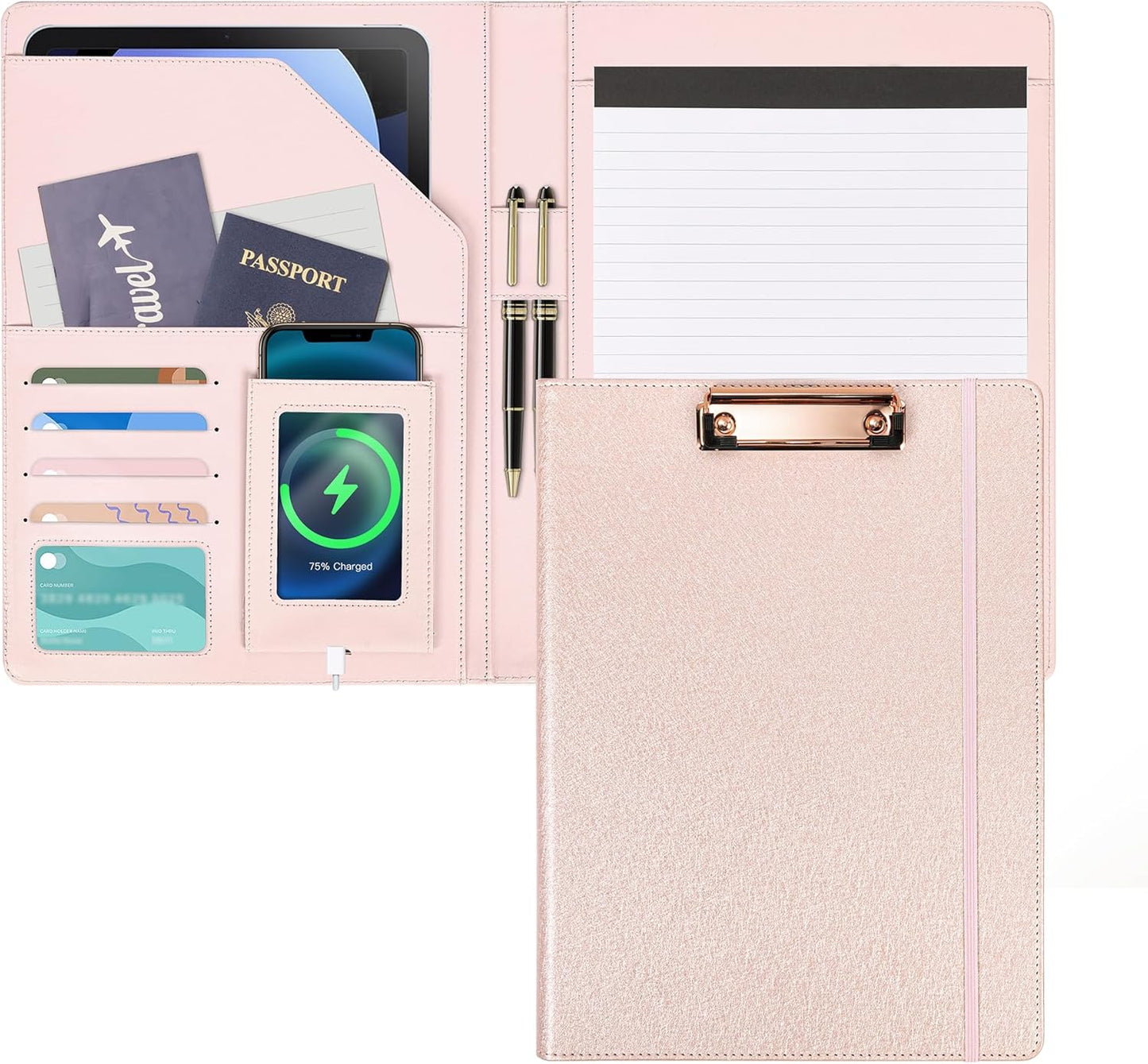 Leather Portfolio Organizer Women Clipboard with Storage Pink Clip Board for Notepad,Phone,Cards