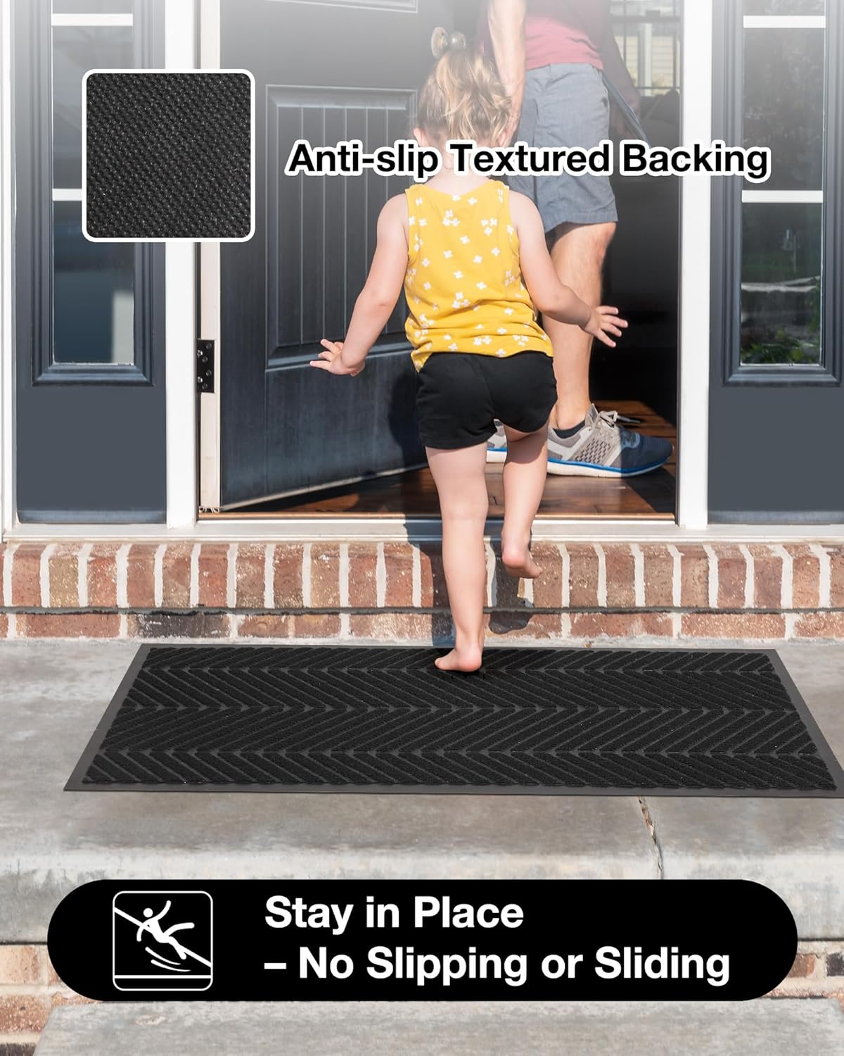 3′ x 10′ Front Door Mat Indoor Outdoor Entrance, Heavy Duty Non-Slip All Weather Commercial Floor Mat for Entryway, Trap Dirt Waterproof Vinyl Welcome Mat for High Traffic Area (Black)