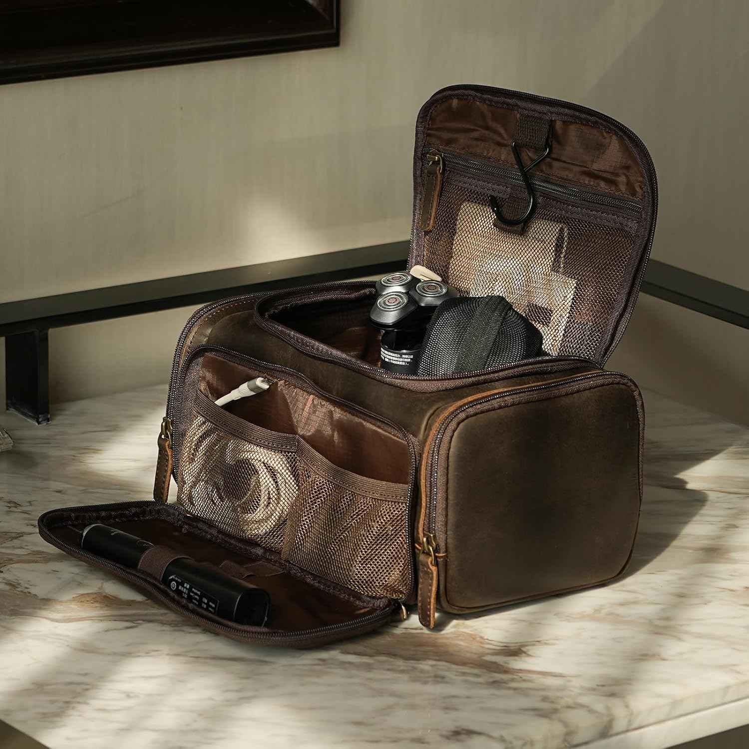 Polare Full Grain Leather Toiletry Case Bag Travel Dopp Kit Organizer Hanging Makeup Cosmetic Shaving Kit Wash Case for Men