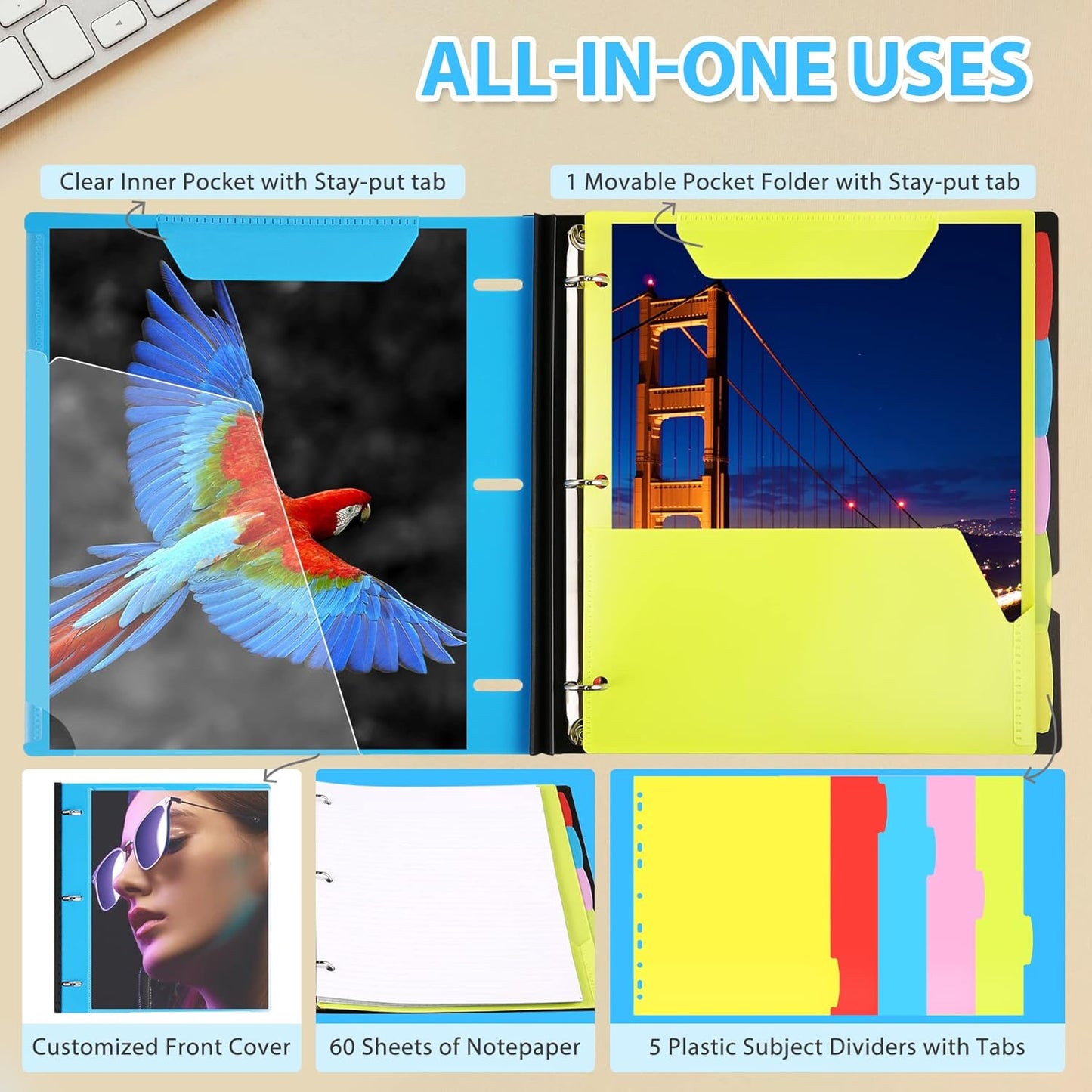 WOT I 2-Pack Telescoping 3 Ring Binder Notebooks - Customizable Cover, 5 Dividers & Pocket Folder in One Slim Organizer (60 Sheets Included), Blue