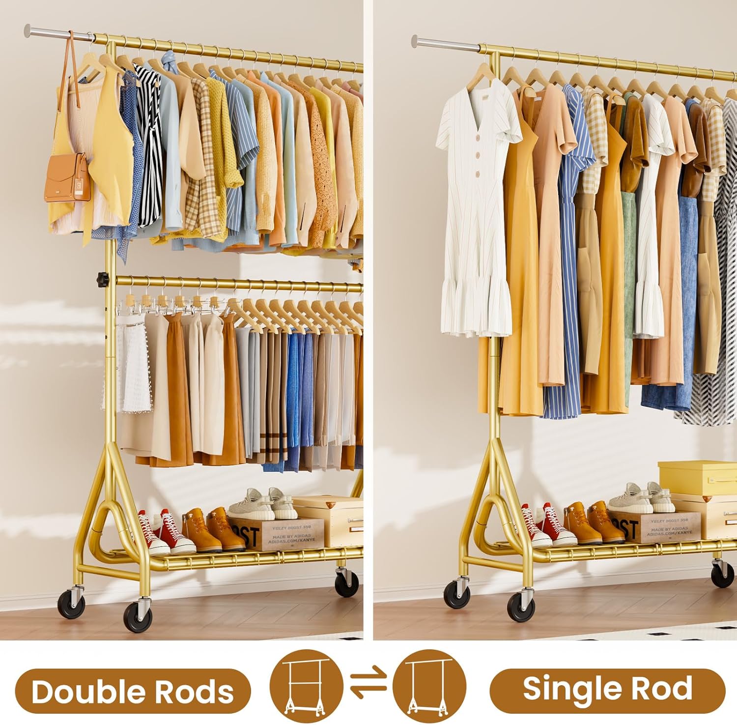 Double Rods Clothing Rack, Heavy Duty Clothes Rack for Hanging Clothes Load 560LBS, Metal Rolling Garment Racks with Wheels, Freestanding Clothes Hanging Racks, Gold - Lumora Desk