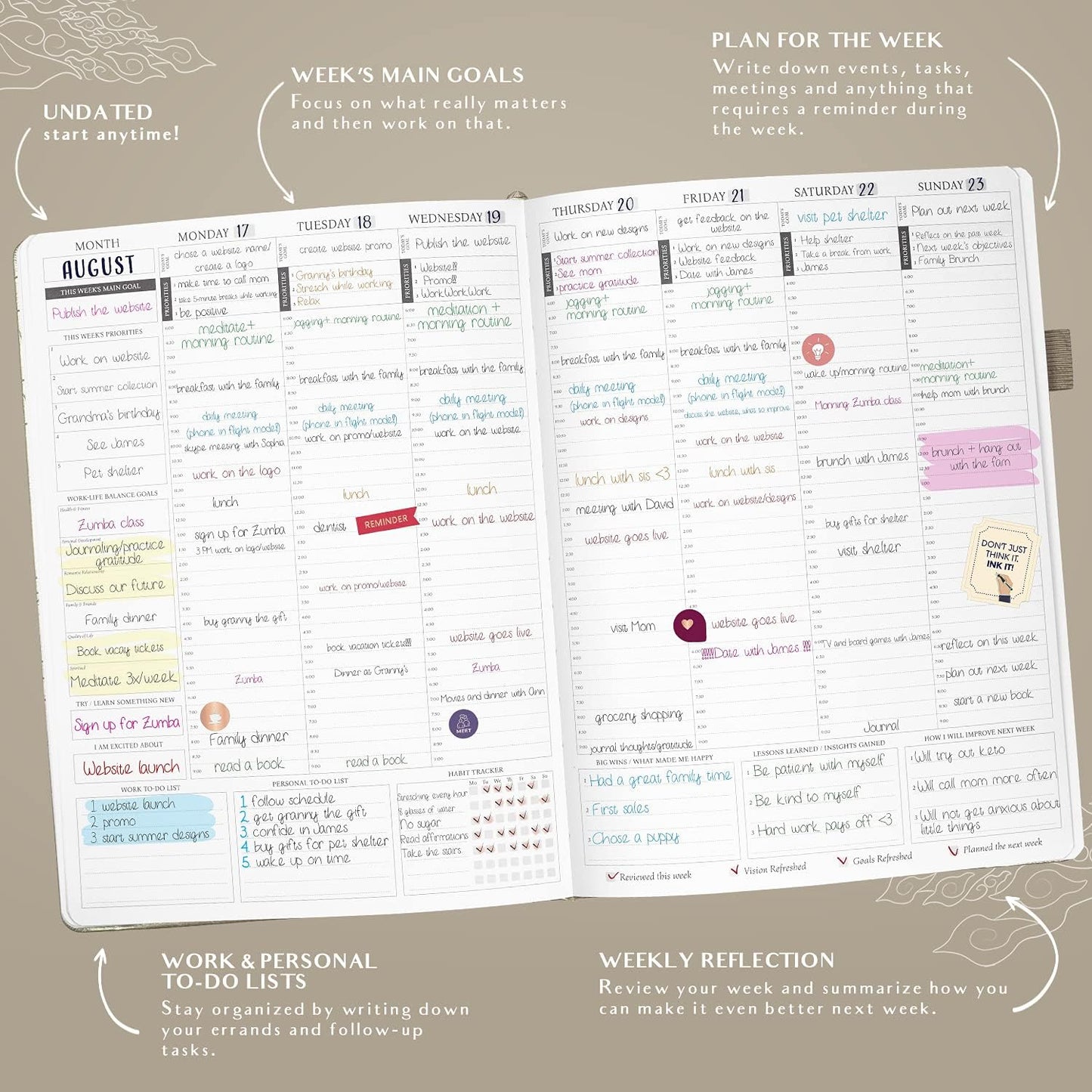 Legend Planner PRO Hourly Schedule - Weekly & Daily Organizer with Time Slots. Appointment Book Journal for Work & Personal, A4 (Seashell)