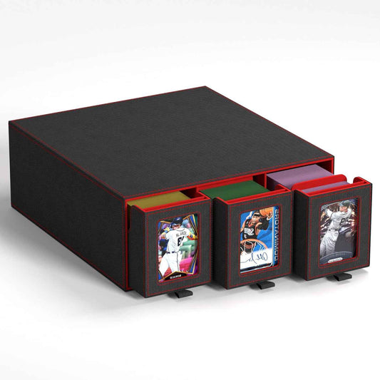 Trading Card Storage Box, 3-Row Slide-Pull Card Case with Stackable Design & 15 Dividers, Commander Display Card Organizer Holder for MTG, Pkmn, YuGiOh, TCG and Sports Cards, Holds 2500+ Cards (Red)