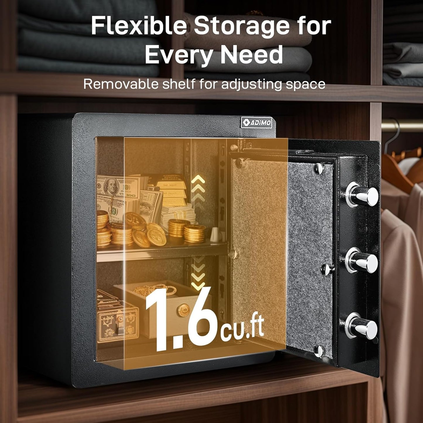 ADIMO Biometric Safe Box, Fireproof 1.6 CuFt Fingerprint Safe w/Touchscreen, Removable Shelf & Alarm System, Money Box for Secure Document & Valuables, for Home Office Hotel