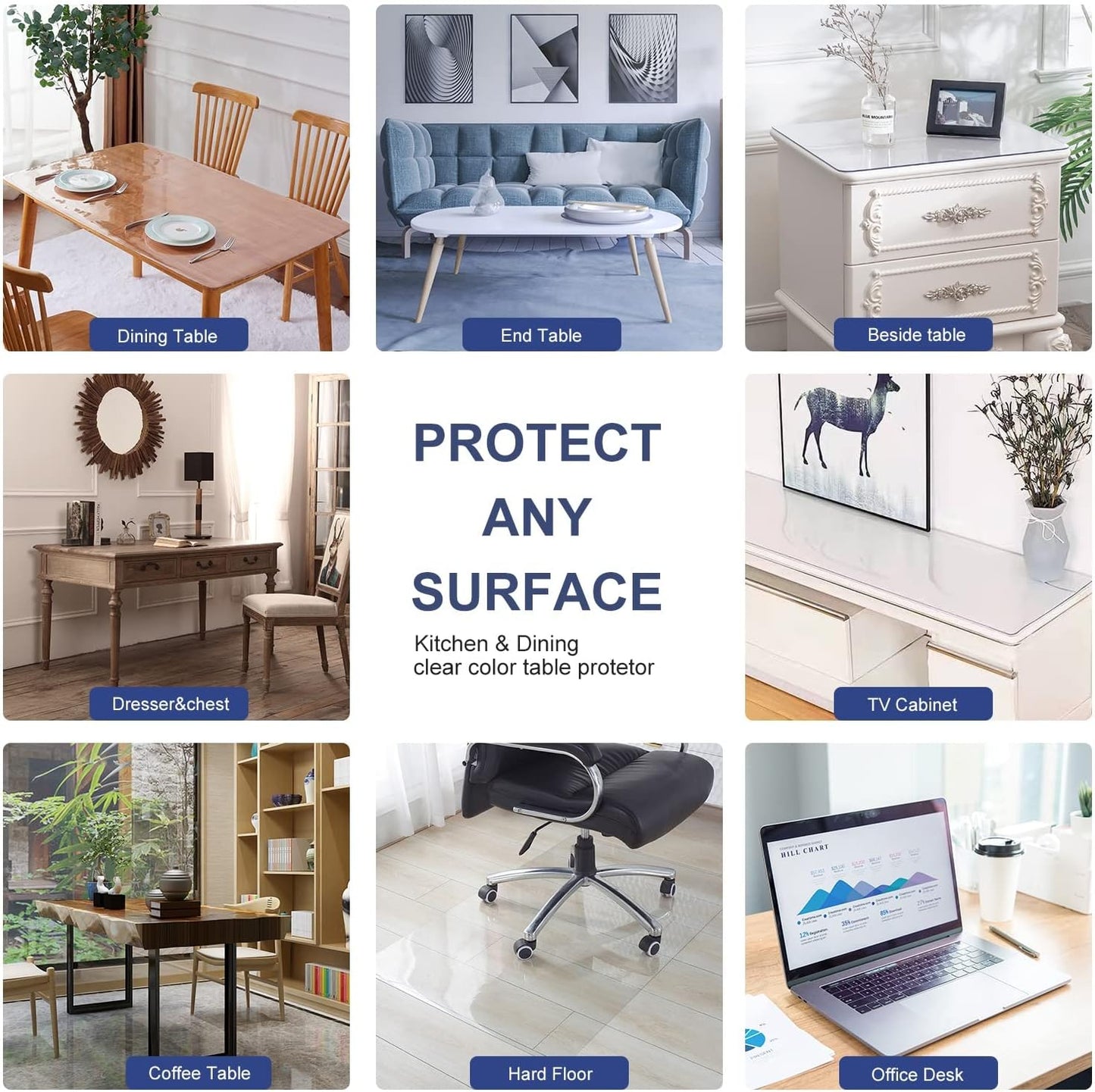 Clear Plastic Dining Table Cover Protector Crystal PVC Desk Pad Mat for Wooden Furniture Coffee Glass Entryway Sofa Side Bar Countertop Meeting Desk Waterproof Rectangular 34x84 Inch Non-Slip Vinyl