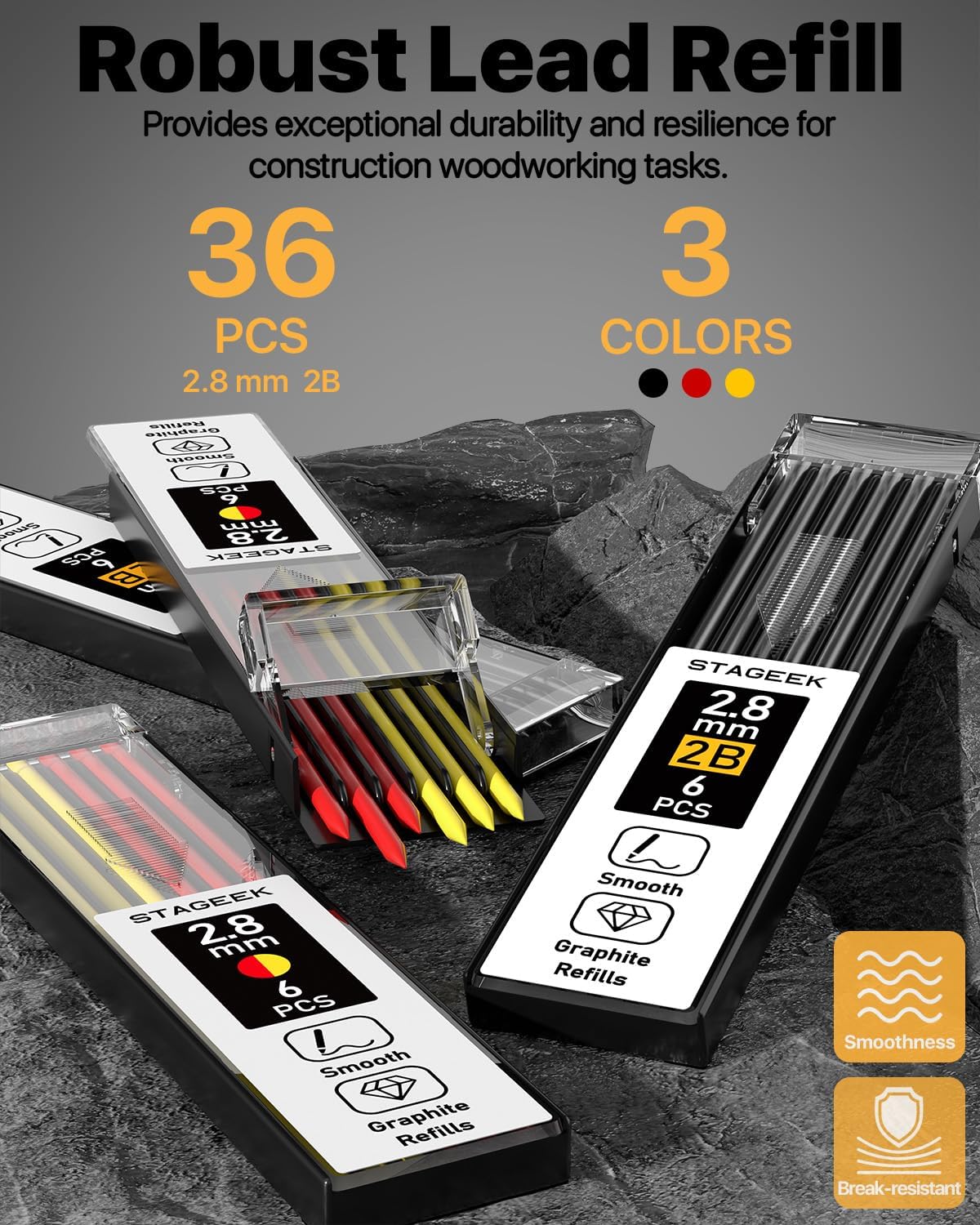 3PCS Carpenter Pencils with Sharpener, Heavy Duty Woodworking Tools, Mechanical Pencil Set with 39 Refills, Deep Hole Long Nib Marker Pens for Architect Marking with Case (Red, Black, Yellow)