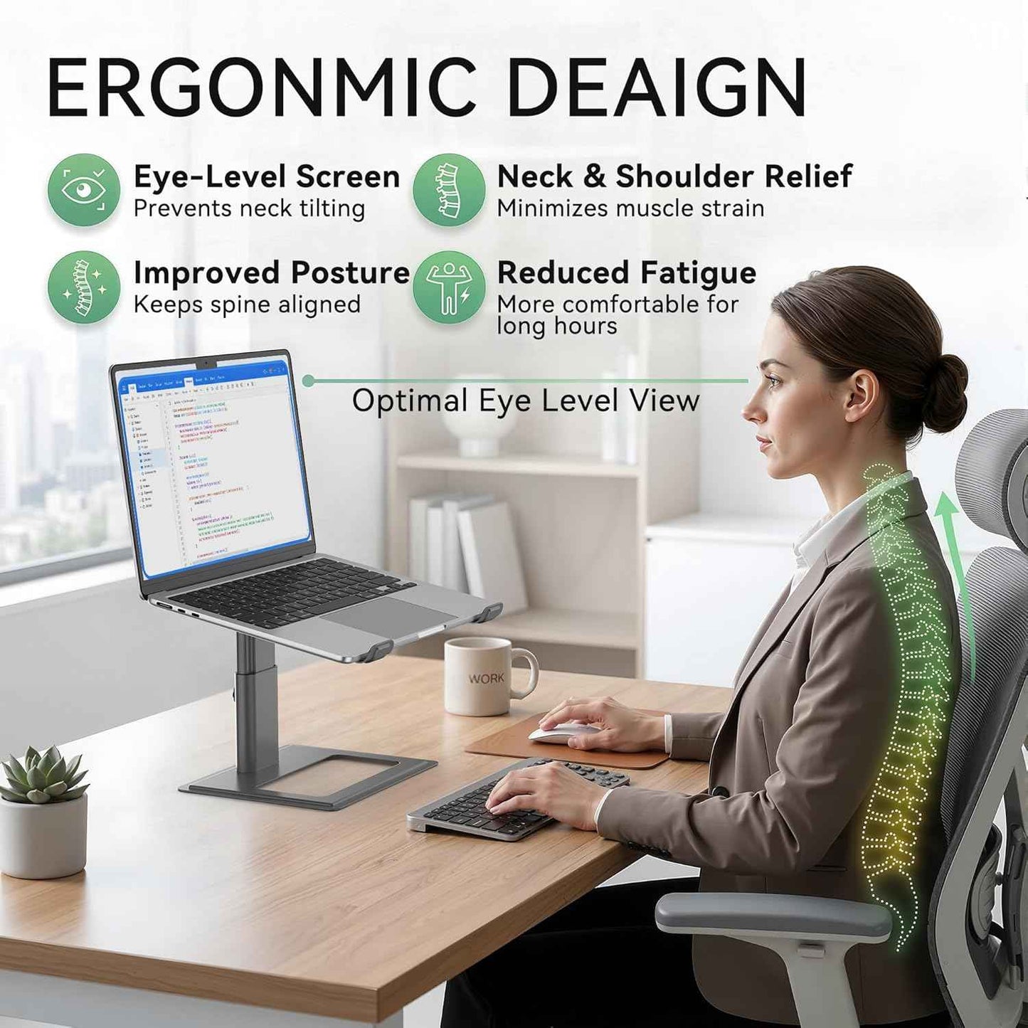 SOUNDANCE Adjustable Laptop Stand, Ergonomic Aluminum Riser for 10-17.3” Notebooks, Ventilated Metal Holder with Height Alignment for Desk Workspace, Grey