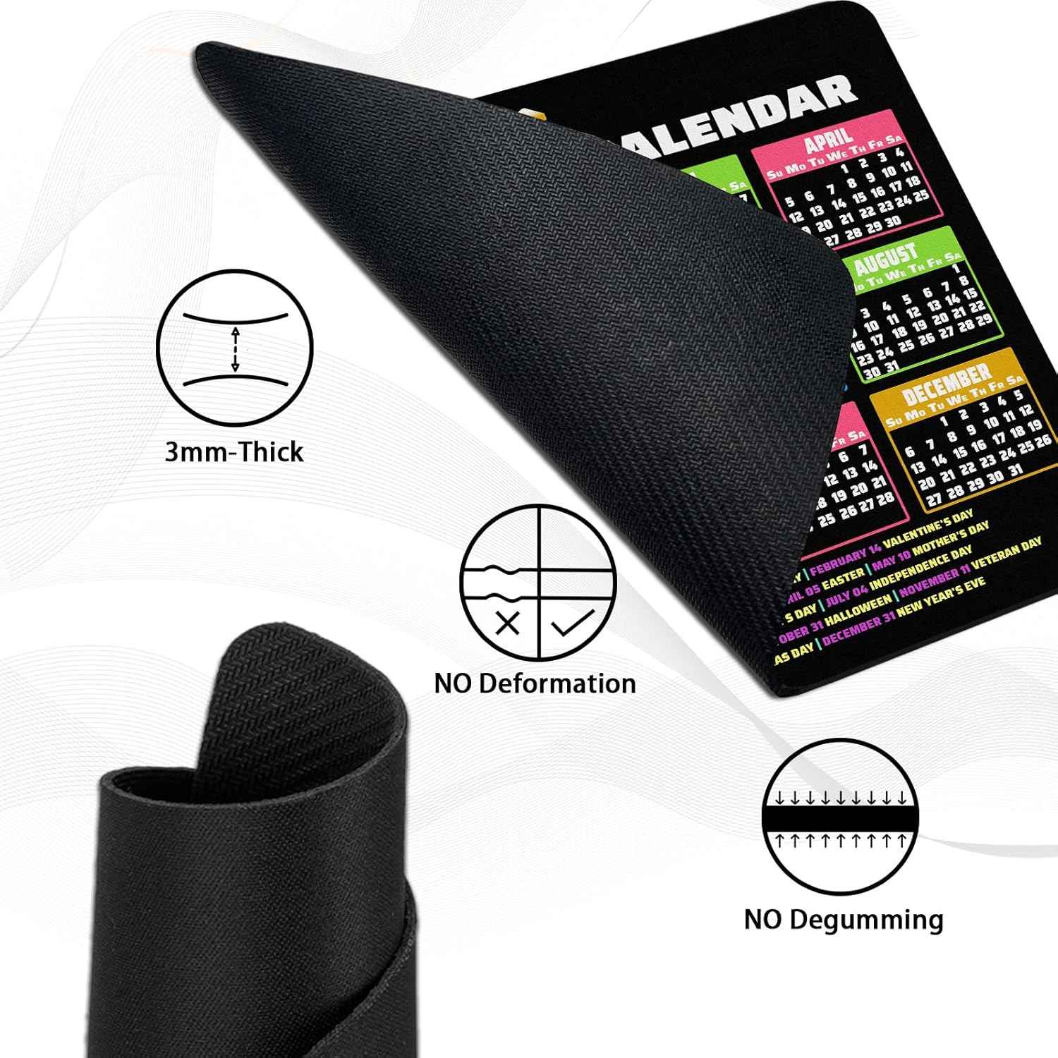 2026 Calendar Mouse Pad, 9.5 x 7.9 Inch, Non-Slip Rubber Base, Computer Laptop Office Desk Accessory, Black Background with Colorful Months, 3 Pack