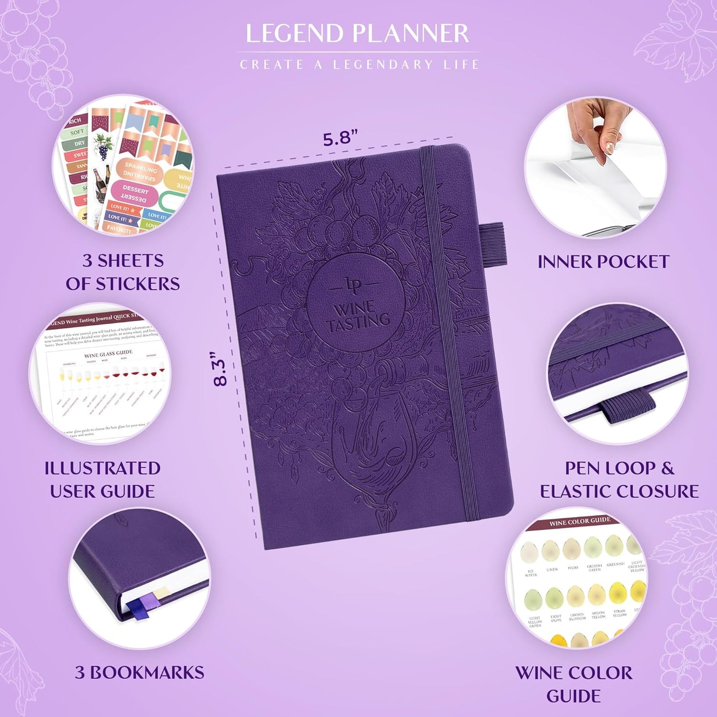 Legend Wine Tasting Journal – Wine Guide & Diary – Unique Accessories & Gifts for Wine Lovers, Women & Men, Eco Leather Notebook (Purple)
