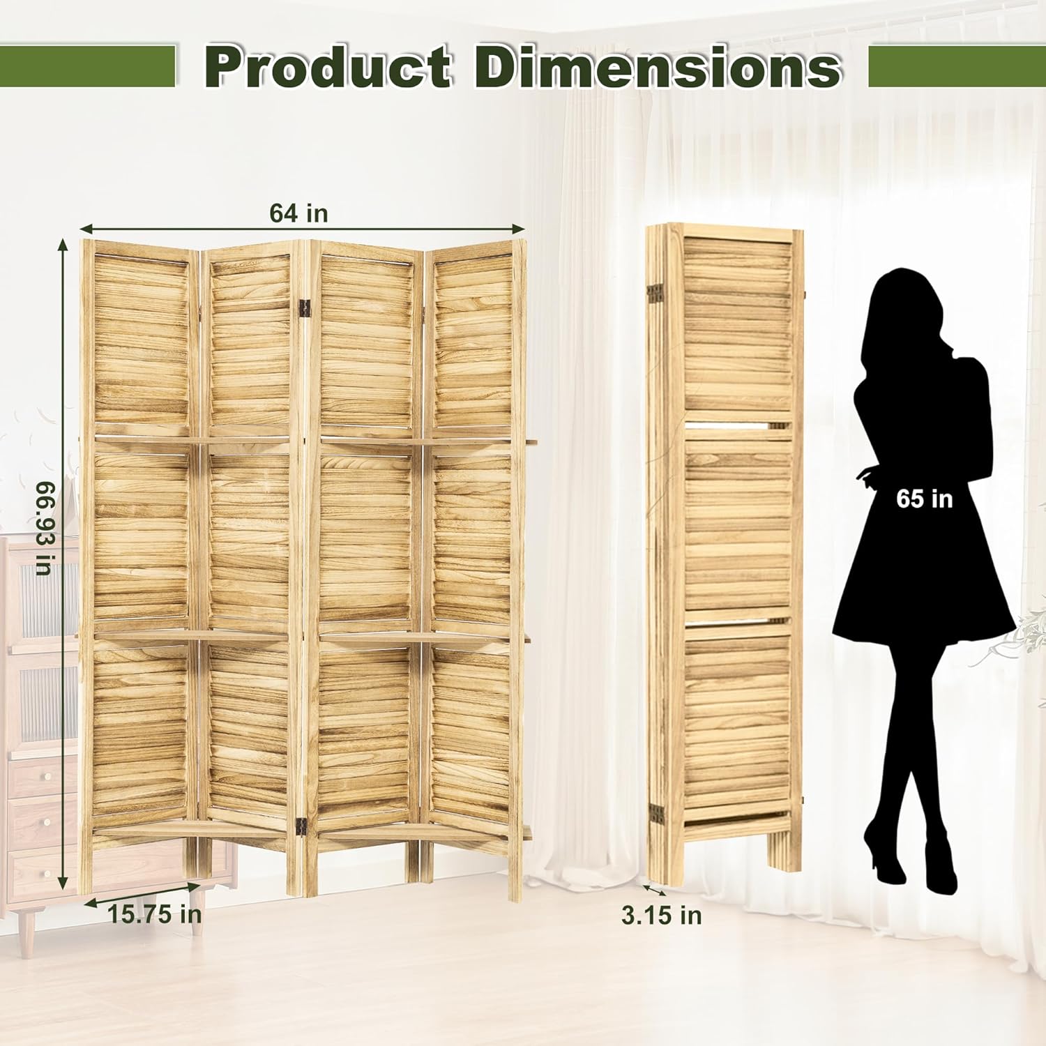 NicBex 4 Panel Room Divider,5.6FT Wood Carved Room Dividers with Display Shelves Folding Privacy Screens Portable Freestanding Partition Wall Dividers for Room Separation, Bedroom Office,Natural Wood - Lumora Desk