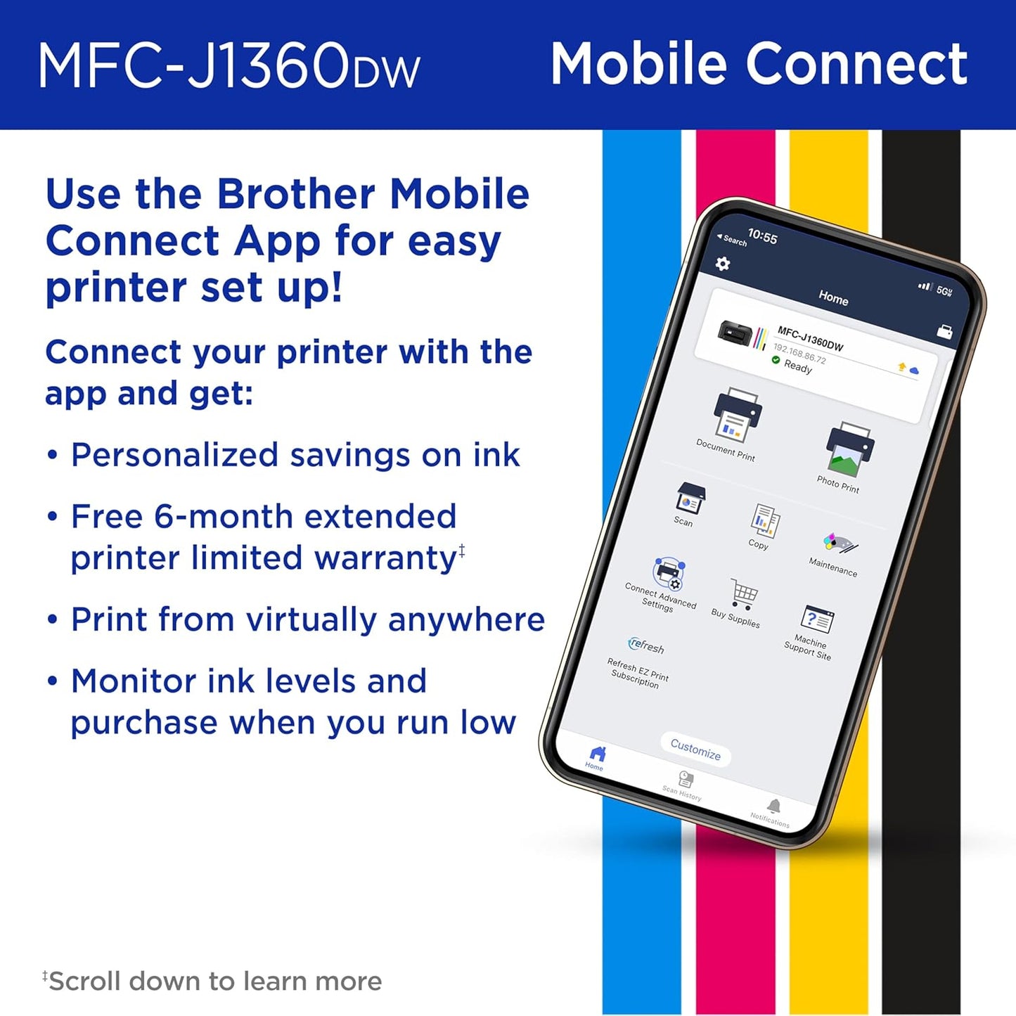 Brother Work Smart 1360 Wireless Color Inkjet All-in-One Printer with Automatic Duplex Printing and 1.8” Color Display | Includes Refresh Subscription Trial(1) (MFC-J1360DW) (Uses LC501 Series Inks) - Lumora Desk